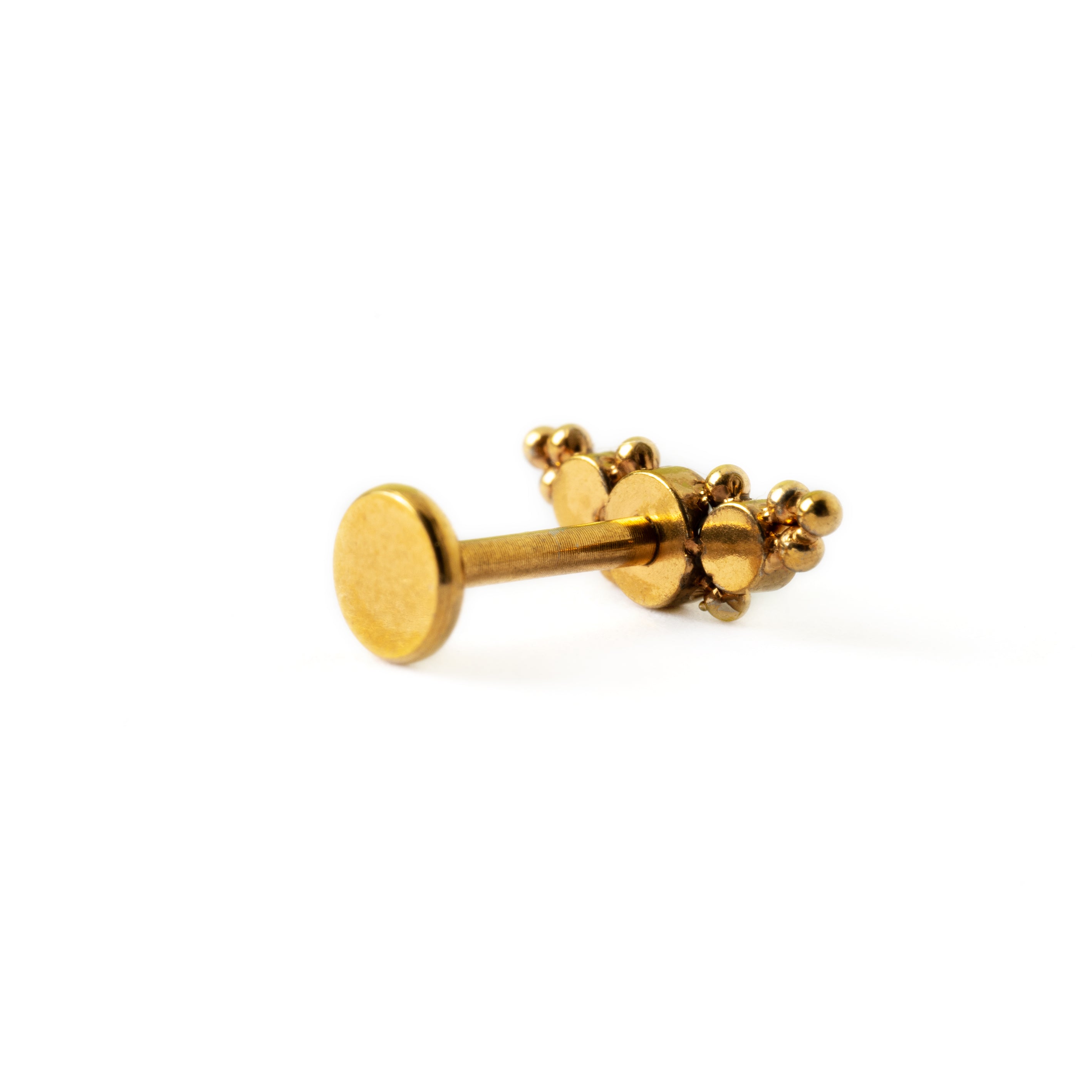 Deva Golden surgical steel internally threaded labret with white Opal back side view