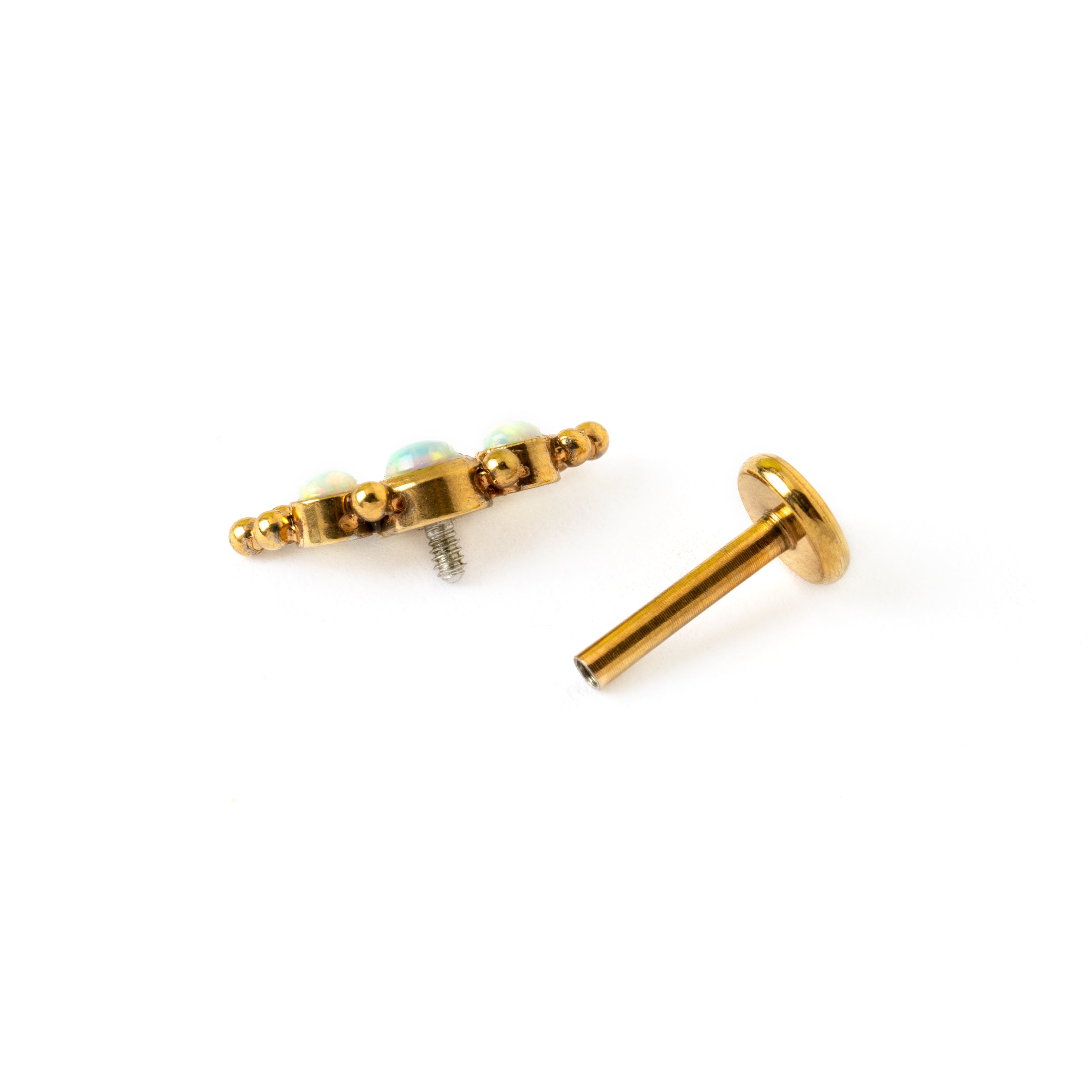 Deva Golden surgical steel internally threaded labret with white Opal open mode view
