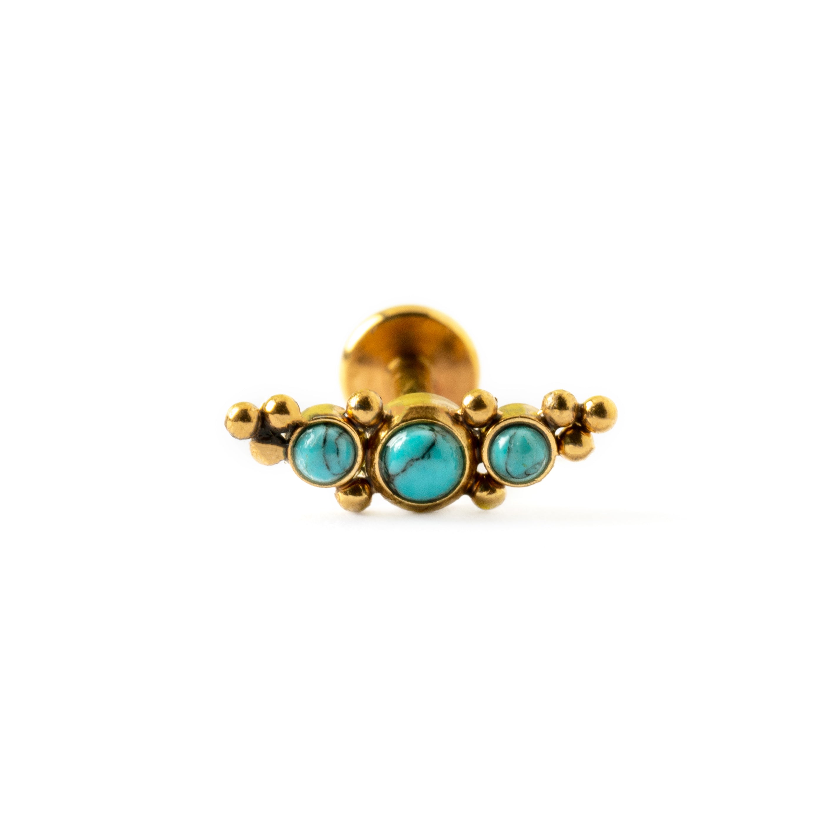 Deva Golden surgical steel internally threaded labret with Turquoise frontal view