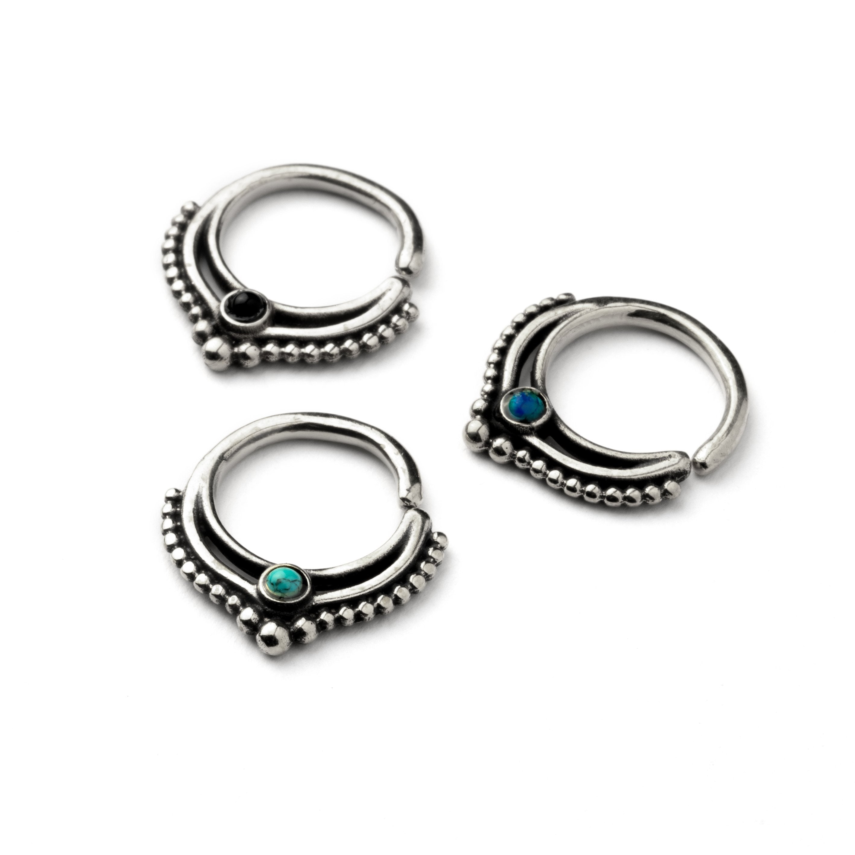 Sterling Silver teardrop Deva septum rings with Black Onyx, Turquoise, Opal frontal view