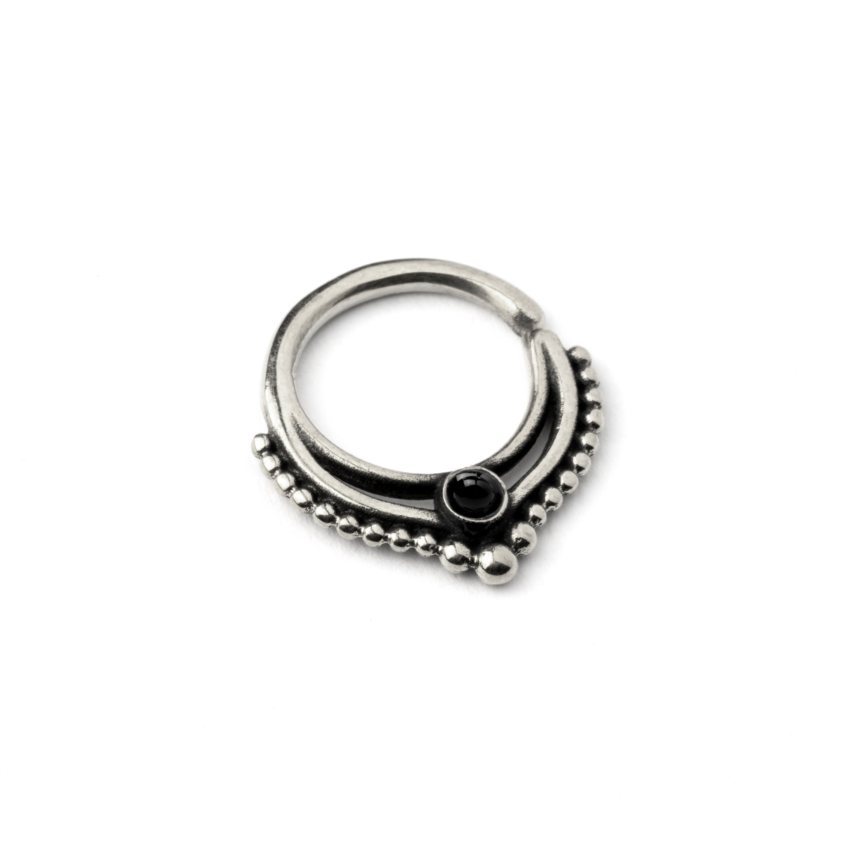 Sterling Silver teardrop Deva septum ring with Black Onyx right side view