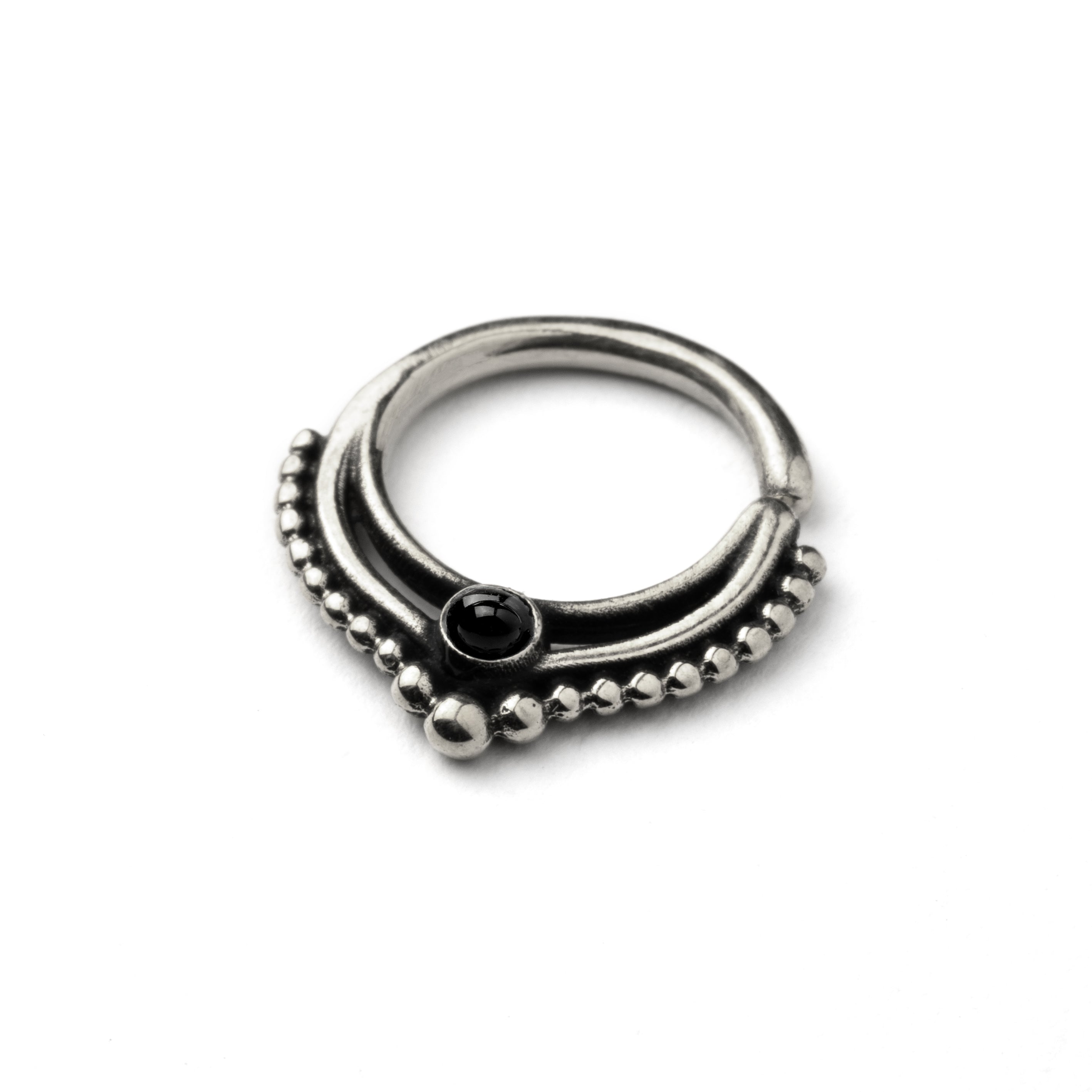 Sterling Silver teardrop Deva septum ring with Black Onyx left side view