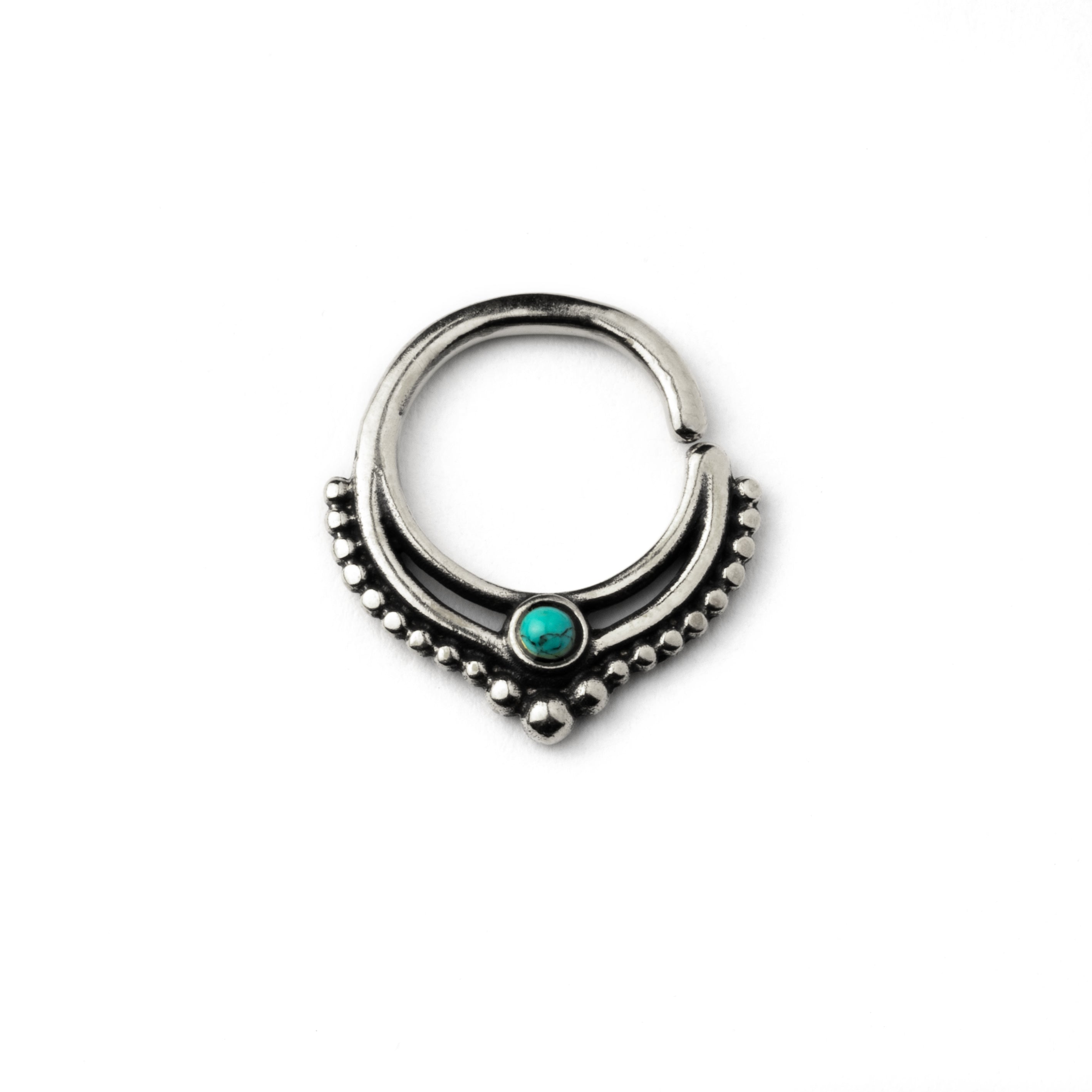 Sterling Silver teardrop Deva septum ring with Turquoise frontal view
