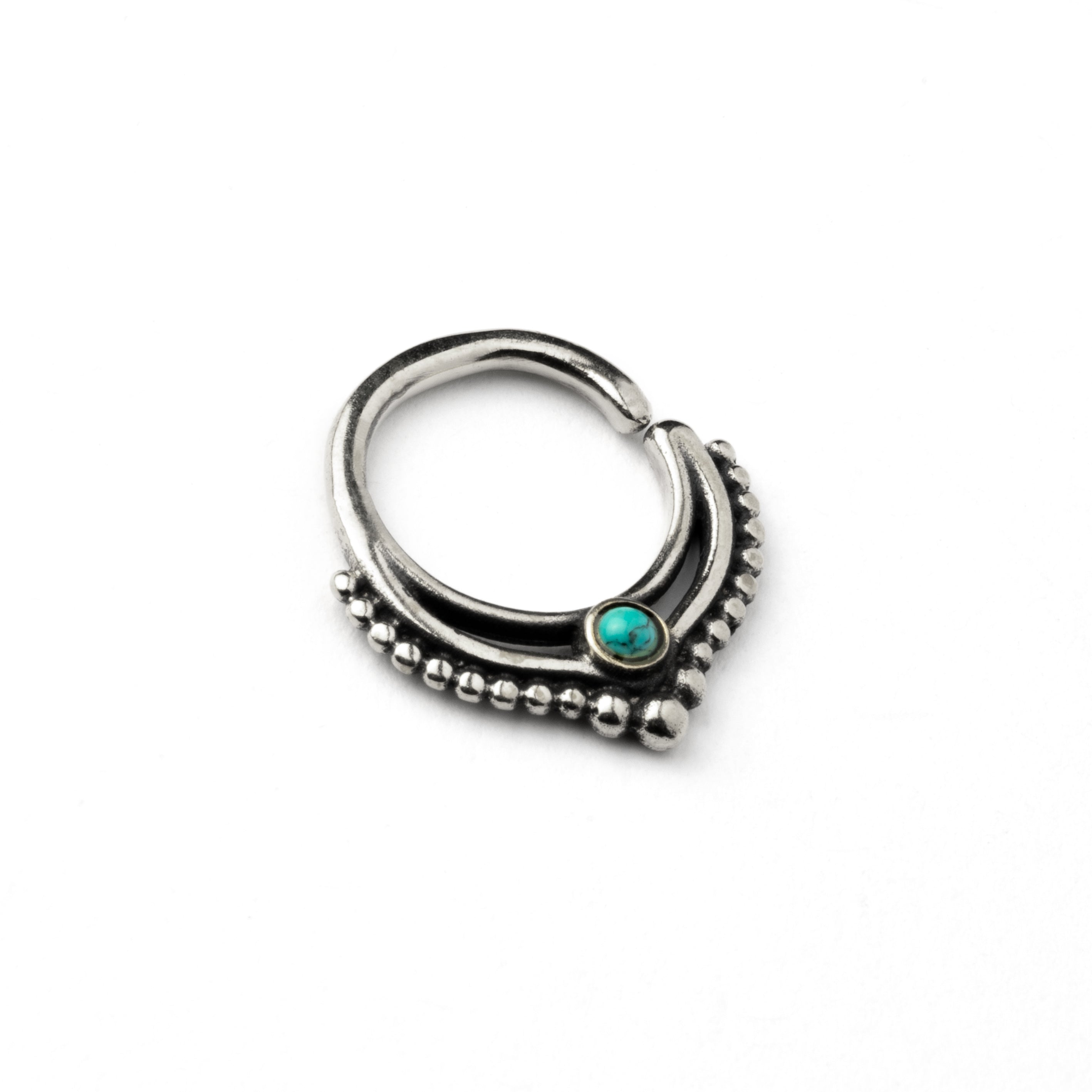Sterling Silver teardrop Deva septum ring with Turquoise right side view