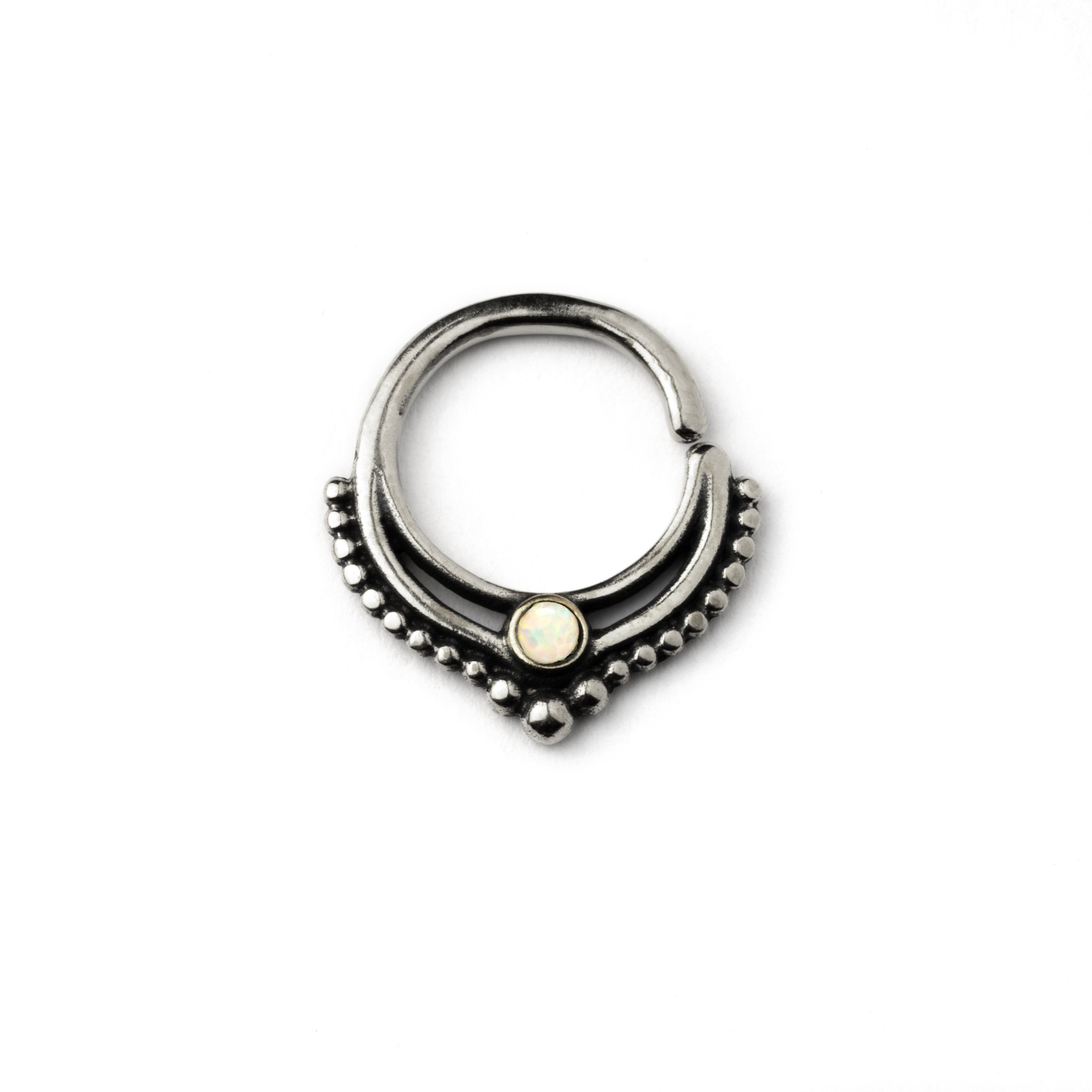 Sterling Silver teardrop Deva septum ring with white Opal frontal view