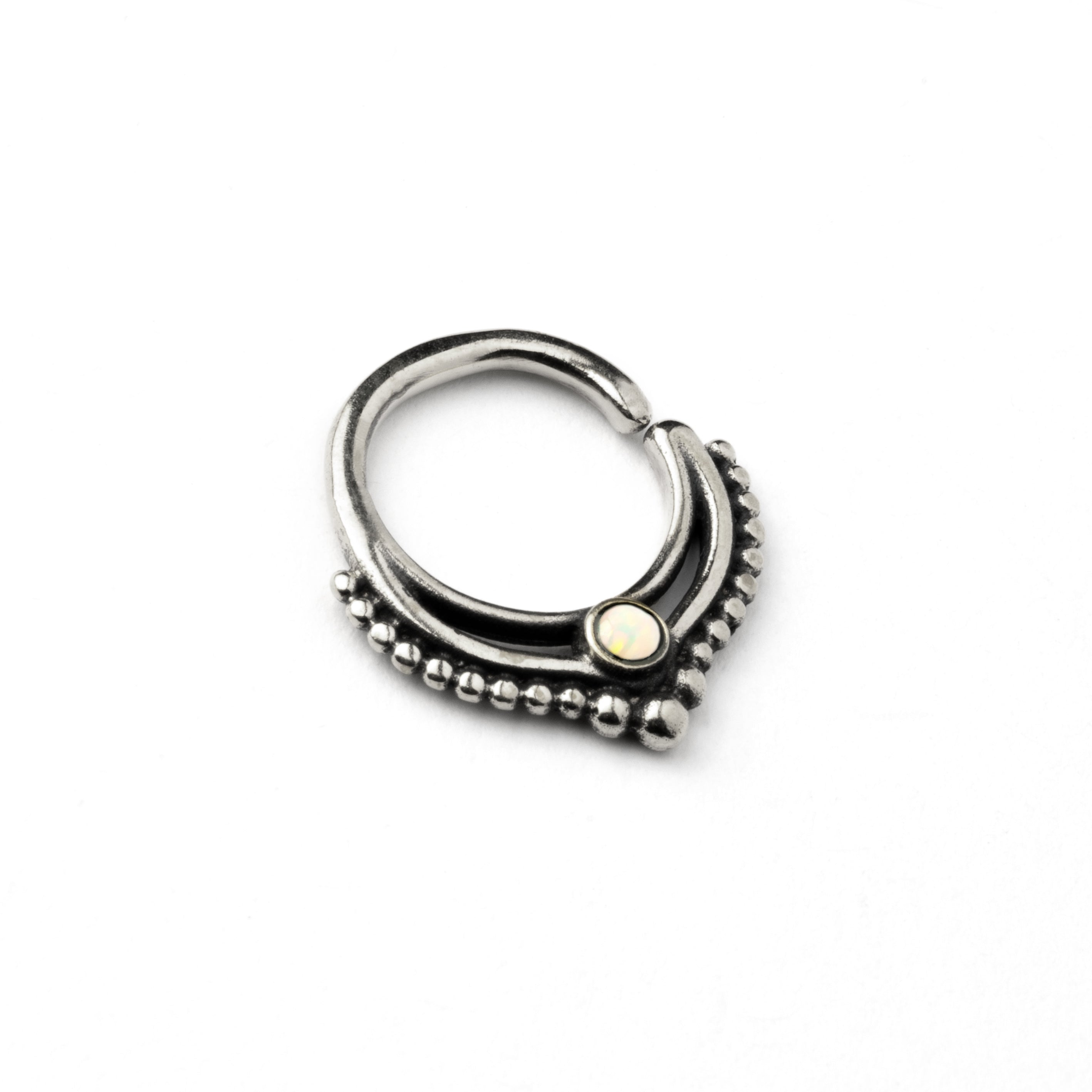 Sterling Silver teardrop Deva septum ring with white Opal left side view