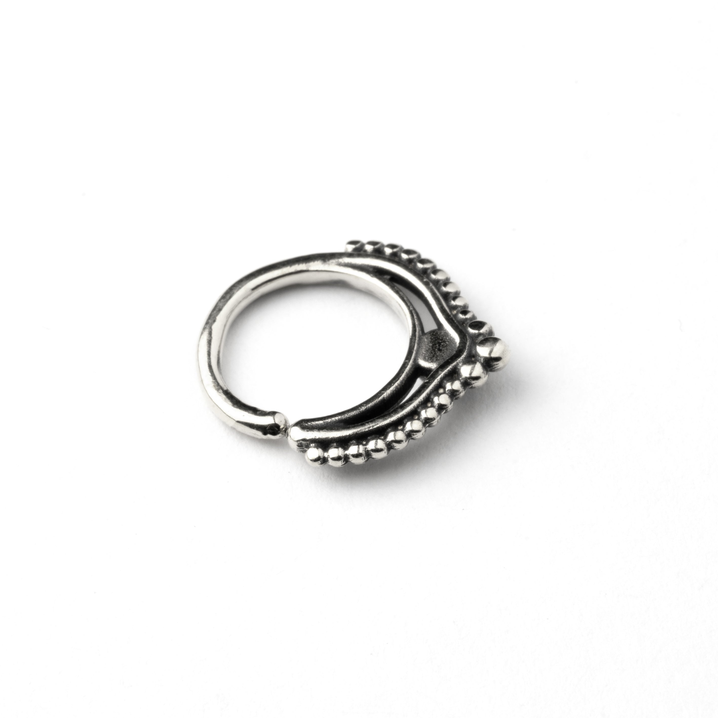 Sterling Silver teardrop Deva septum ring with white Opal back side view