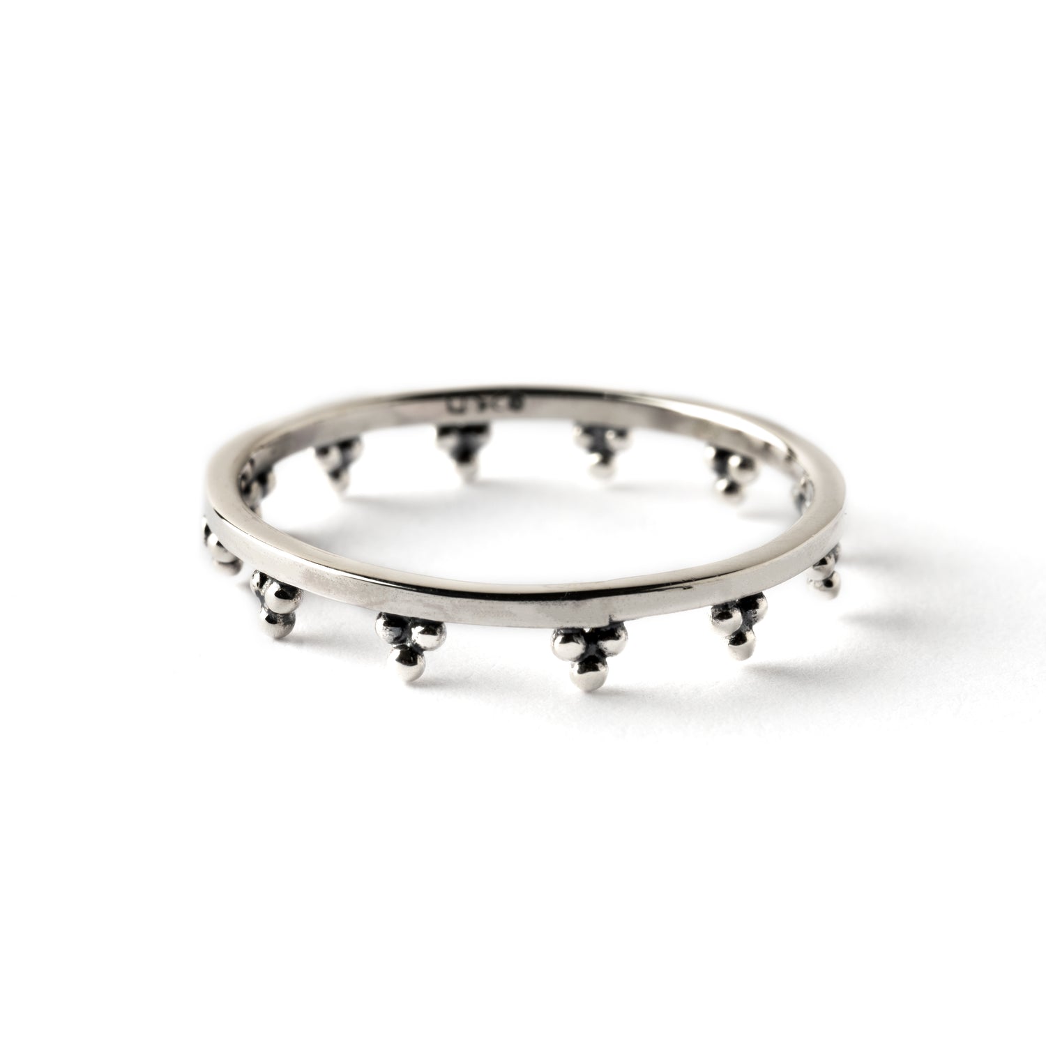 Indian inspired delicate silver ring with tiny spheres ornaments other side view