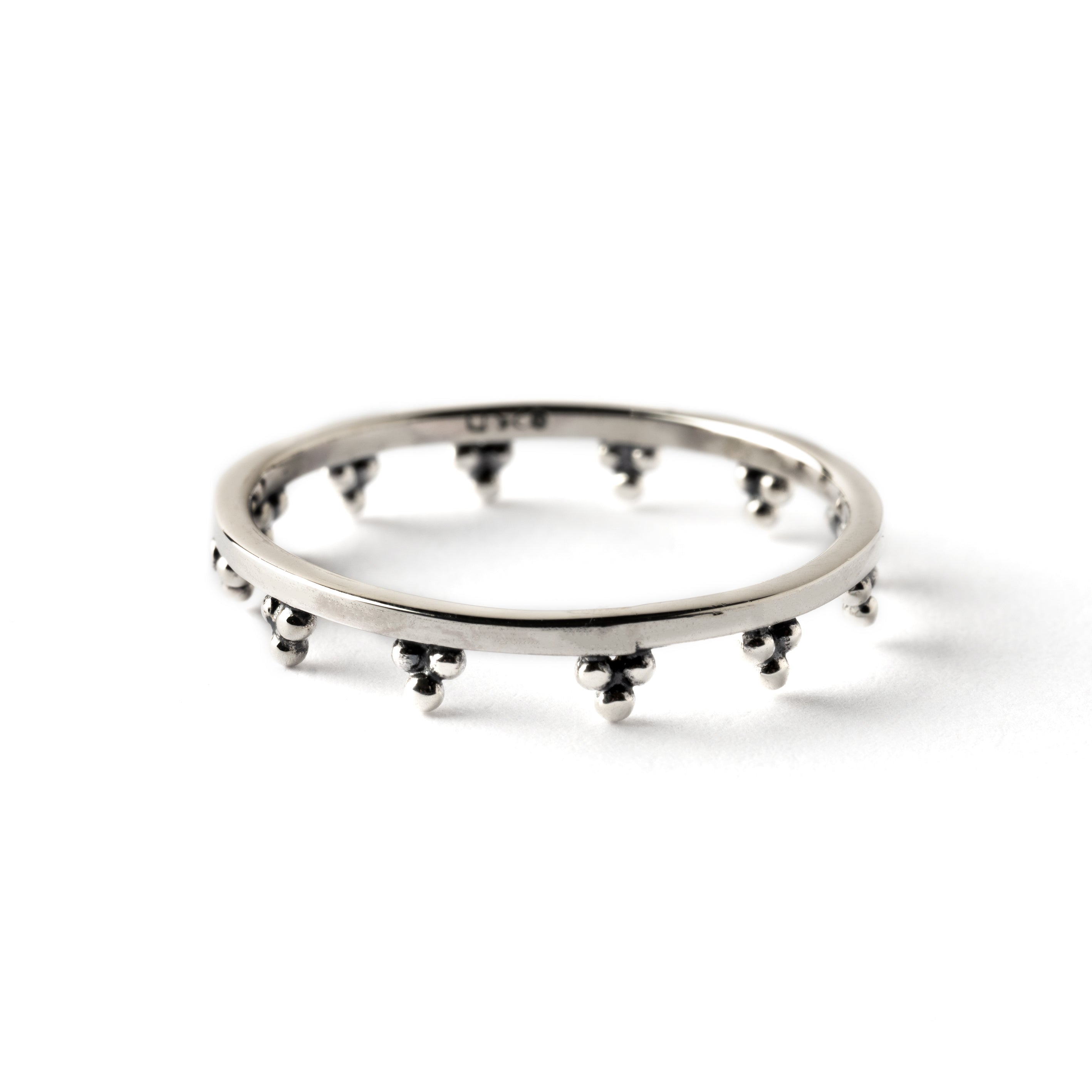 Indian inspired delicate silver ring with tiny spheres ornaments other side view