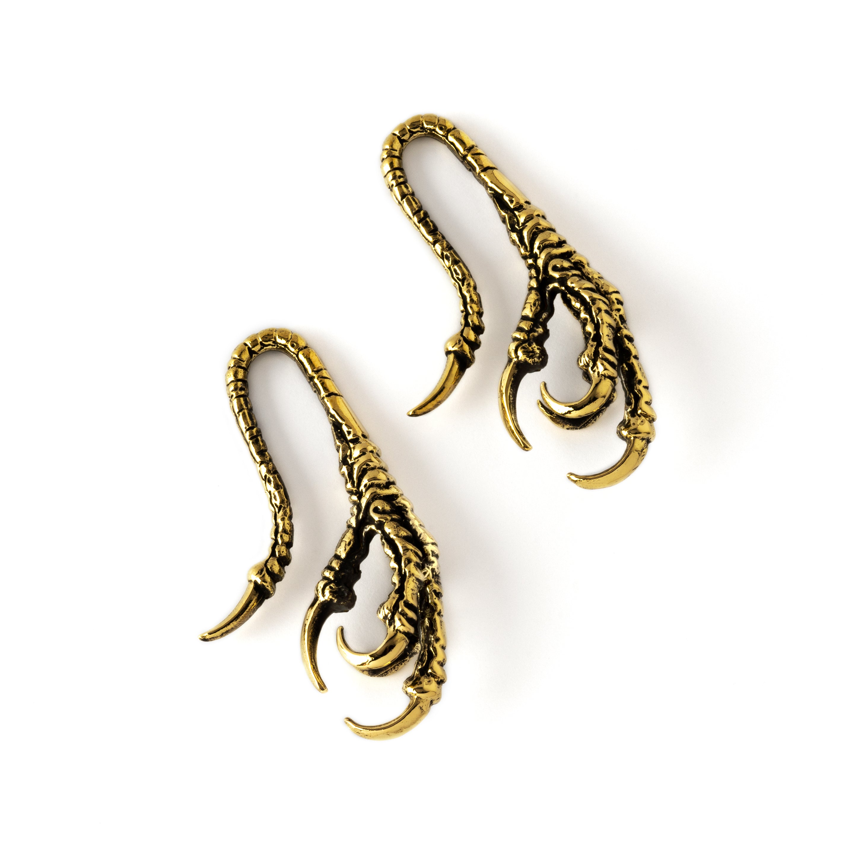 pair of gold brass dragon claw ear hangers front left view