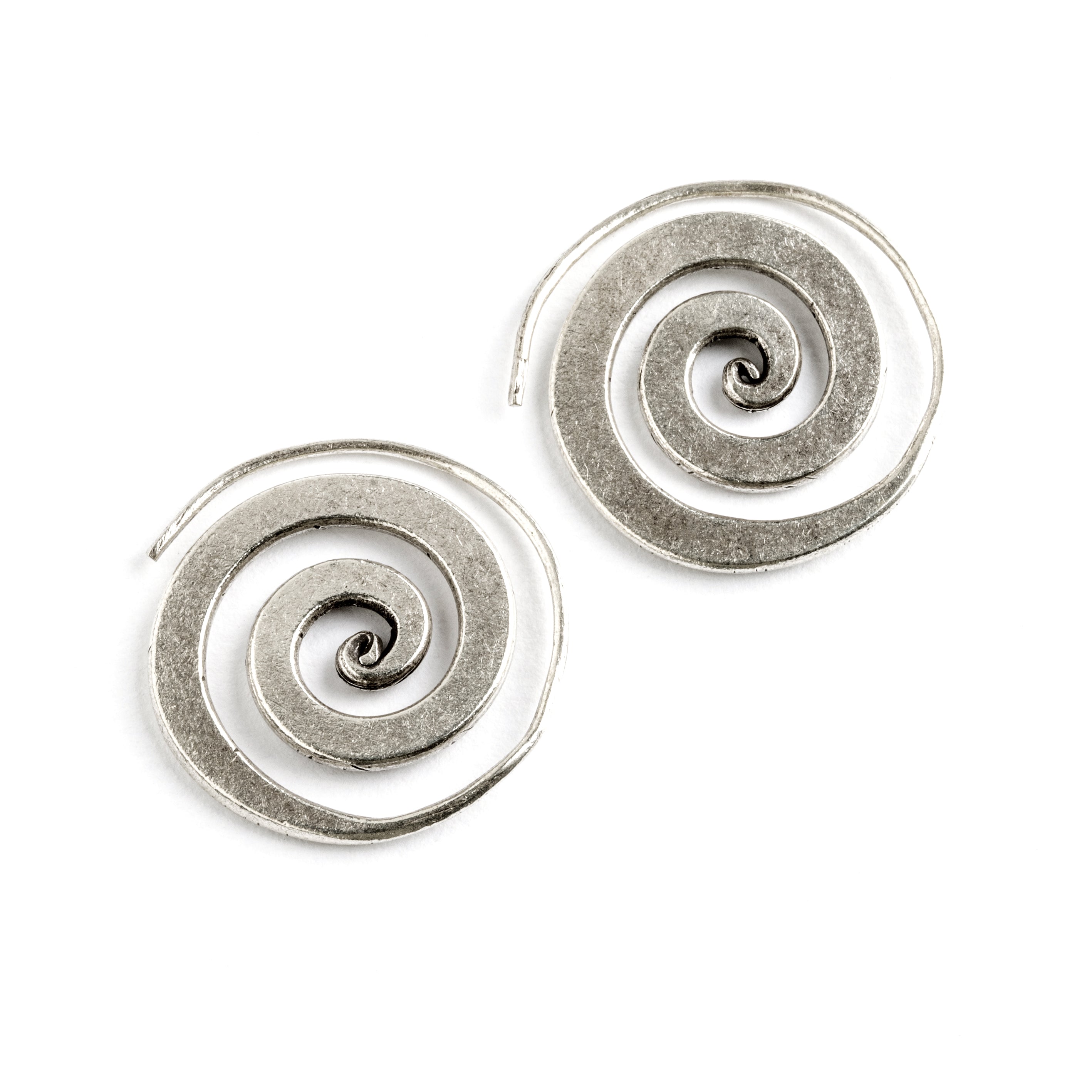 Flat Tribal Silver Spiral Earrings frontal view