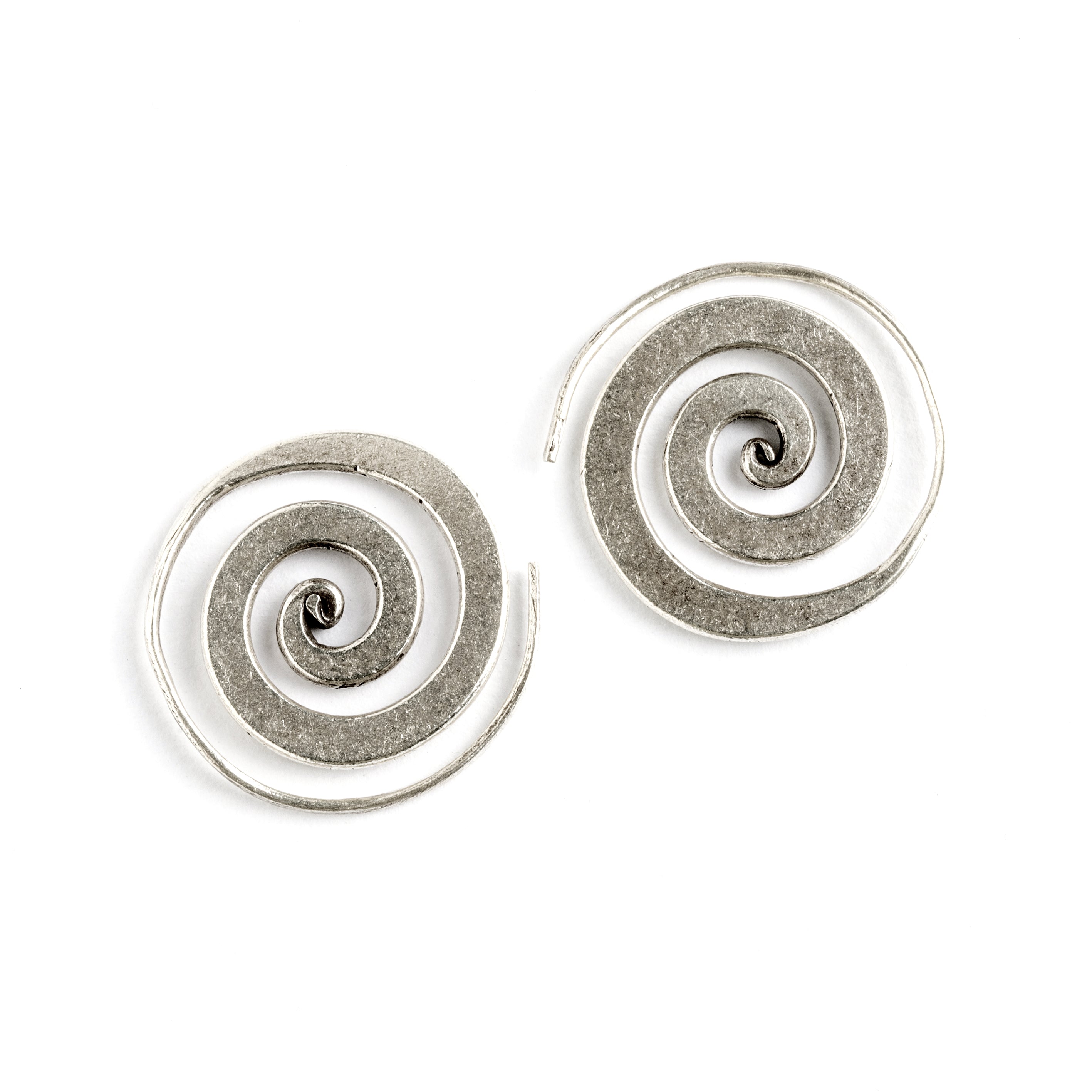 Flat Tribal Silver Spiral Earrings frontal view