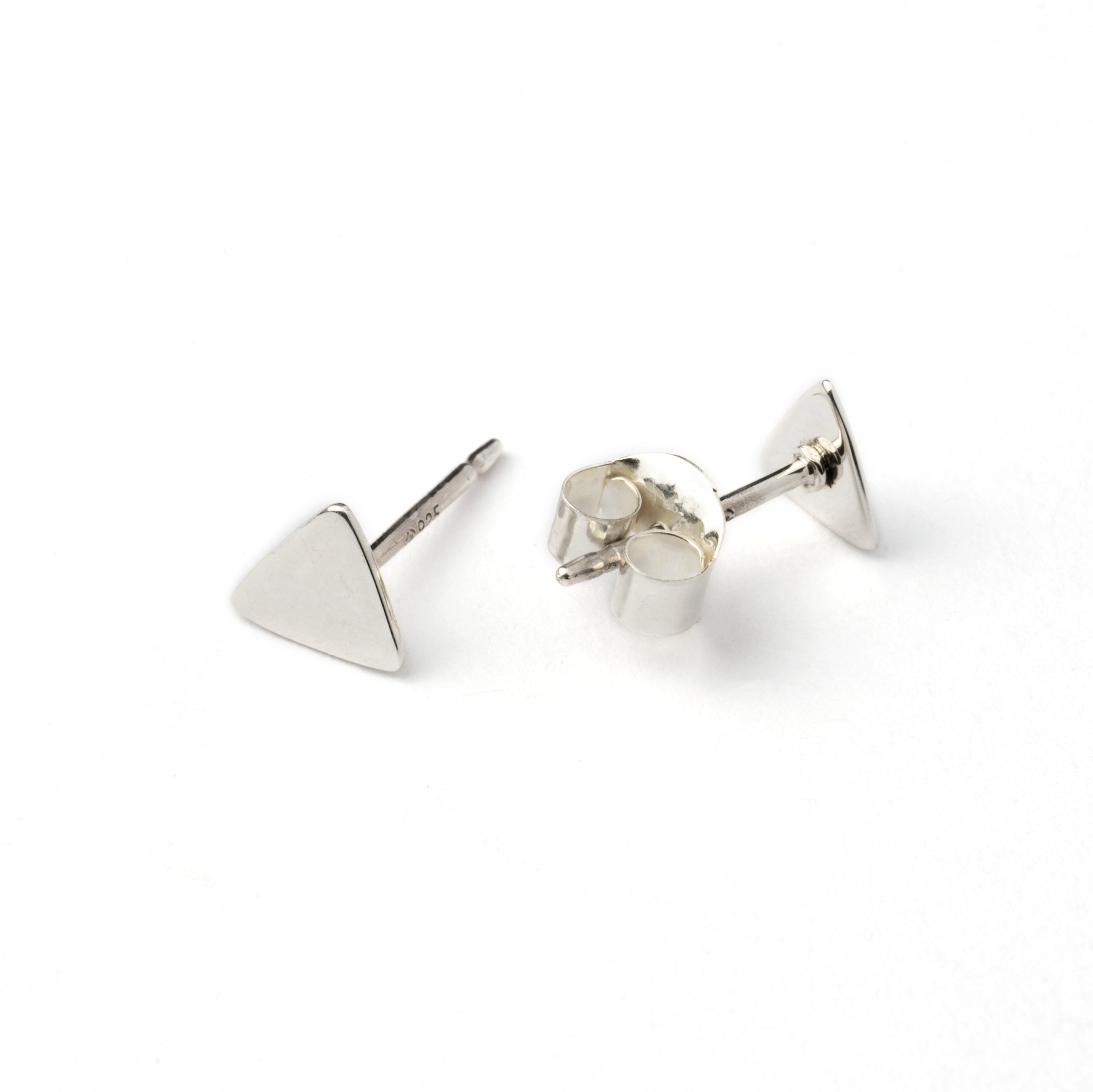 pair of silver flat triangle post earrings back and side view