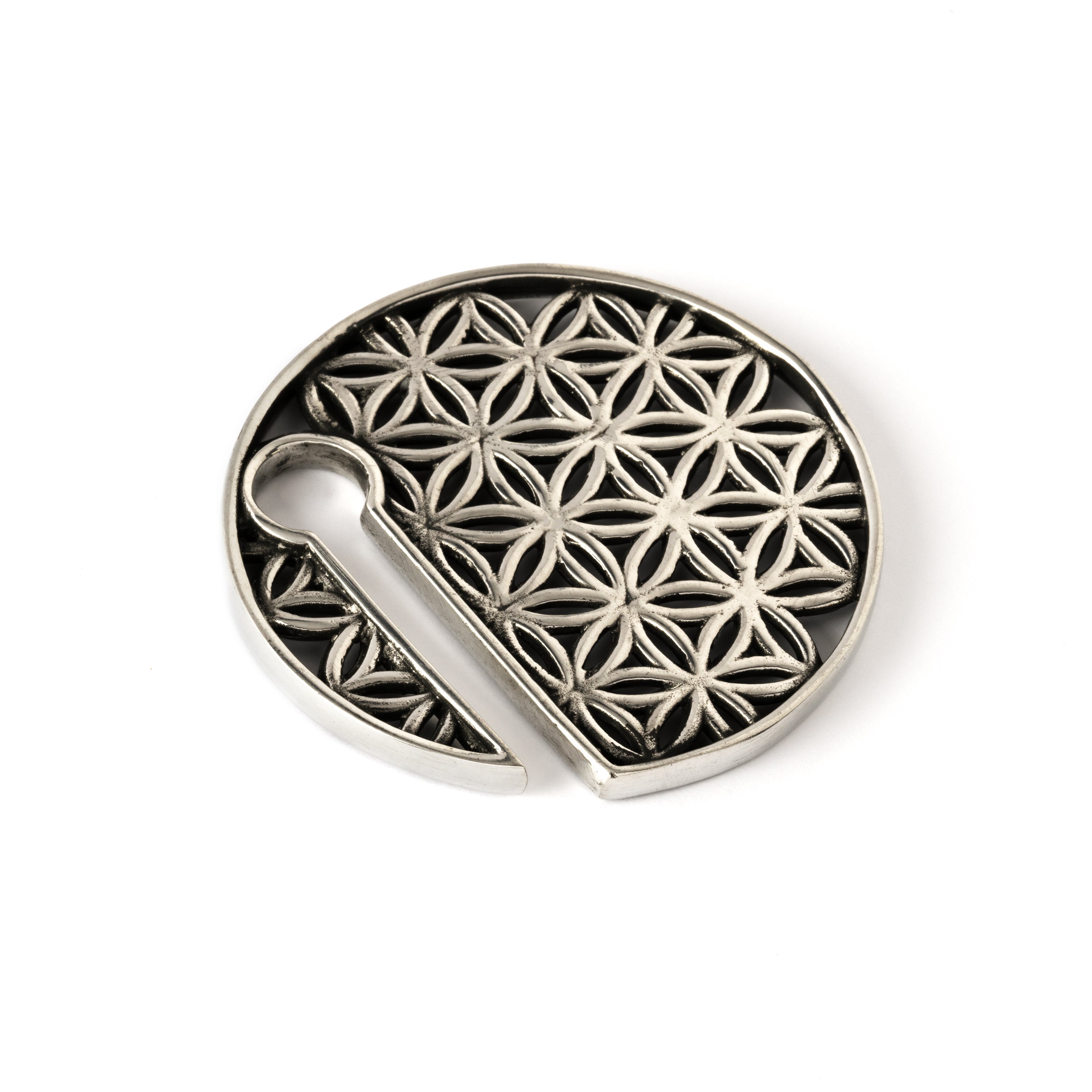 single white brass flower of life disc ear weight hanger right side view