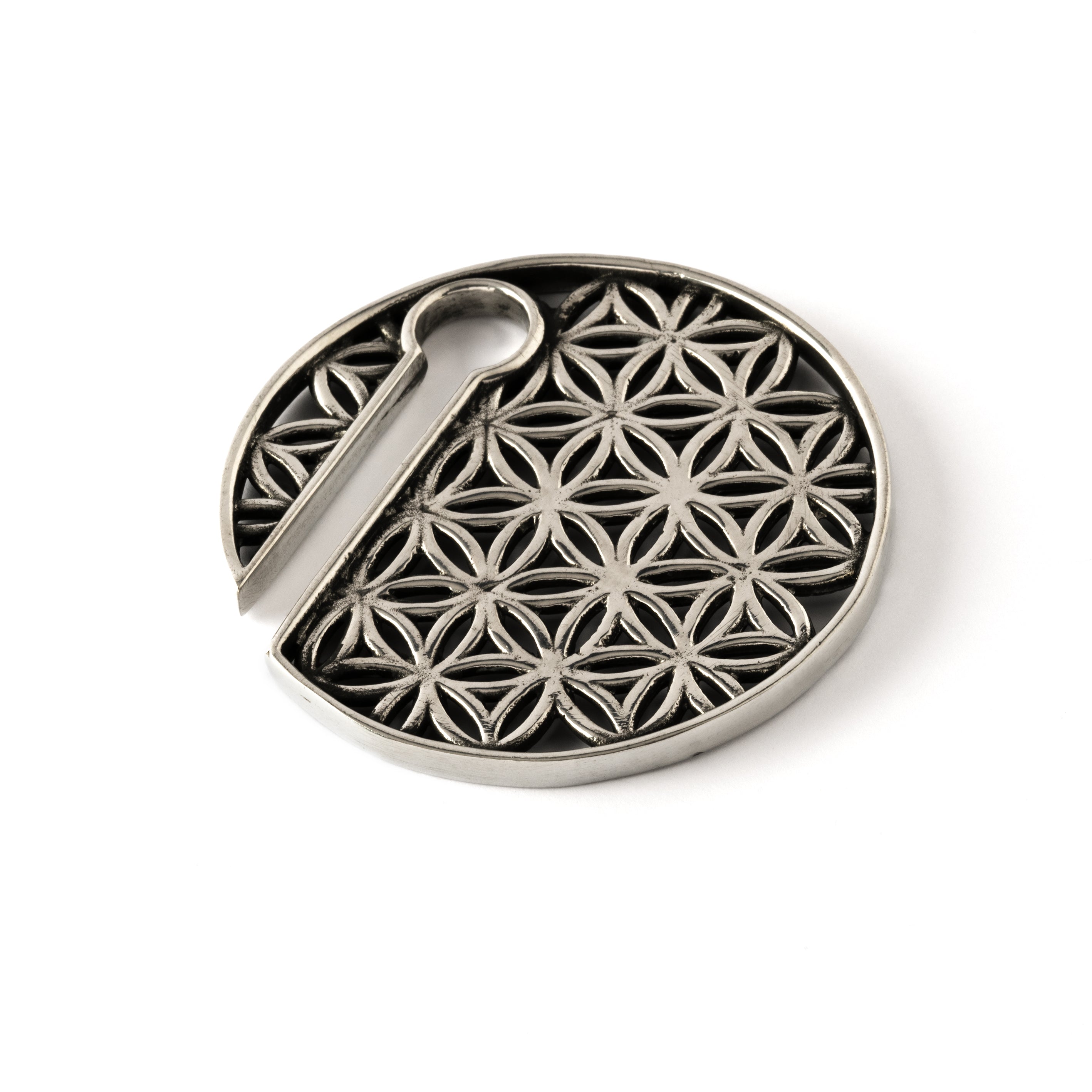 single white brass flower of life disc ear weight hanger left side view