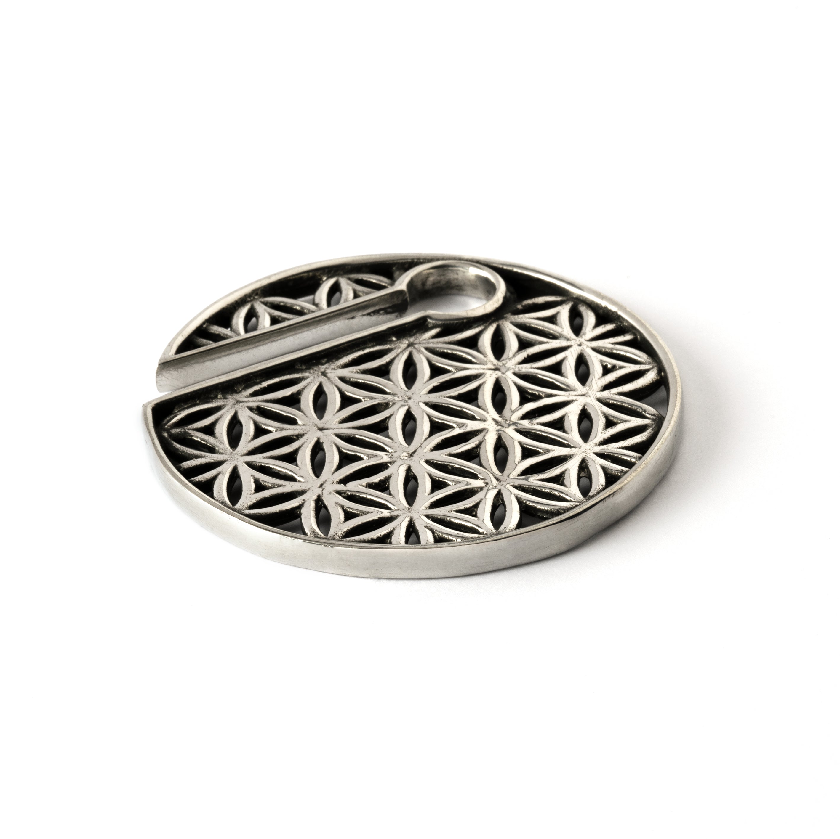 single white brass flower of life disc ear weight hanger