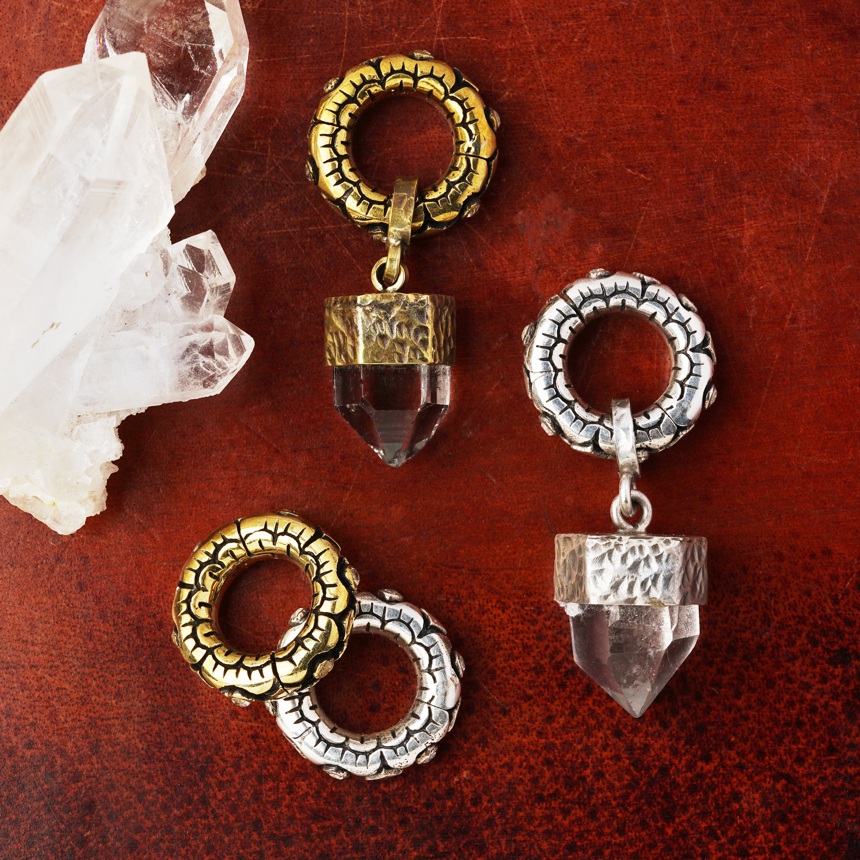 crystal quartz pendant on clicker hoop earring