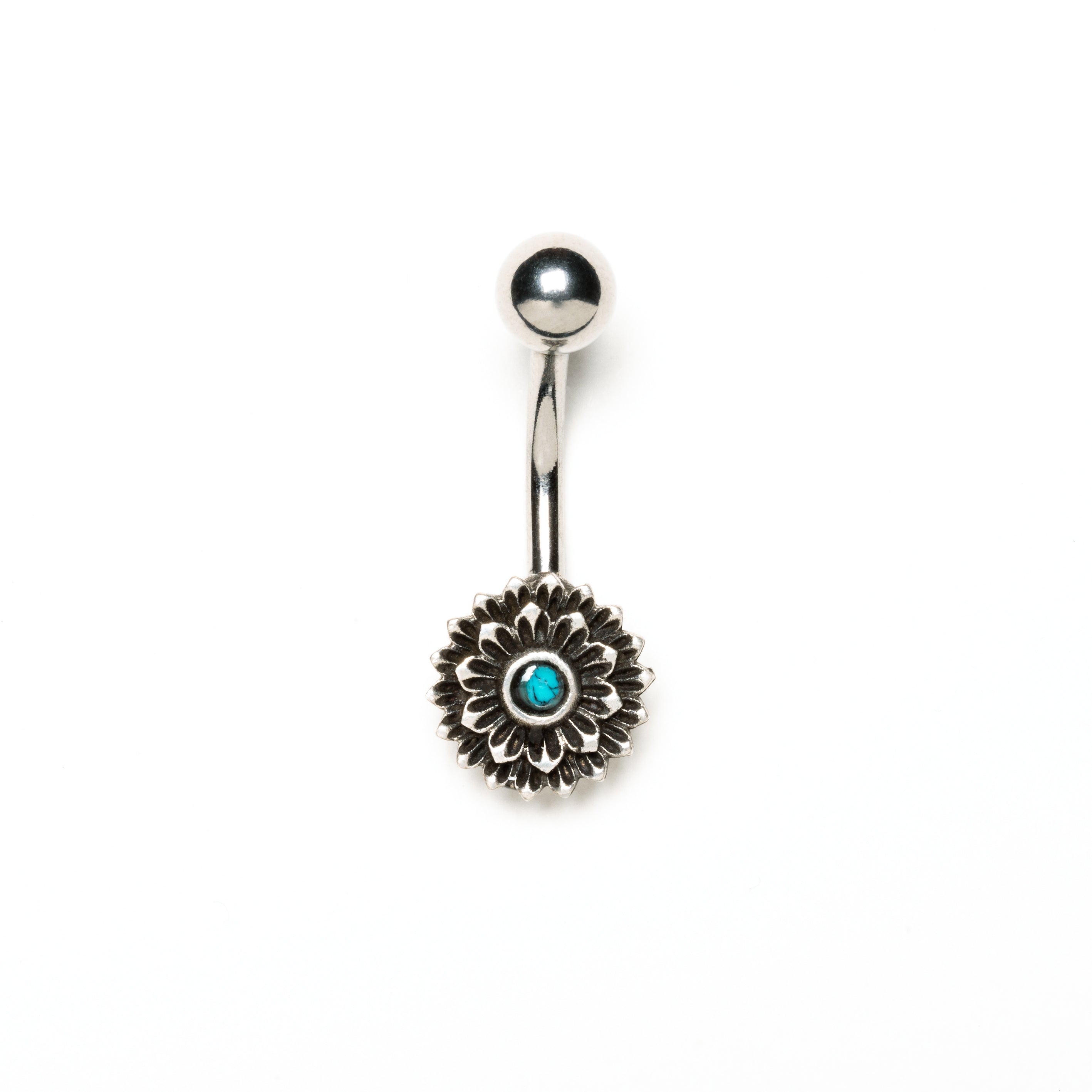 Silver Lotus Flower Belly Piercing with Turquoise frontal view