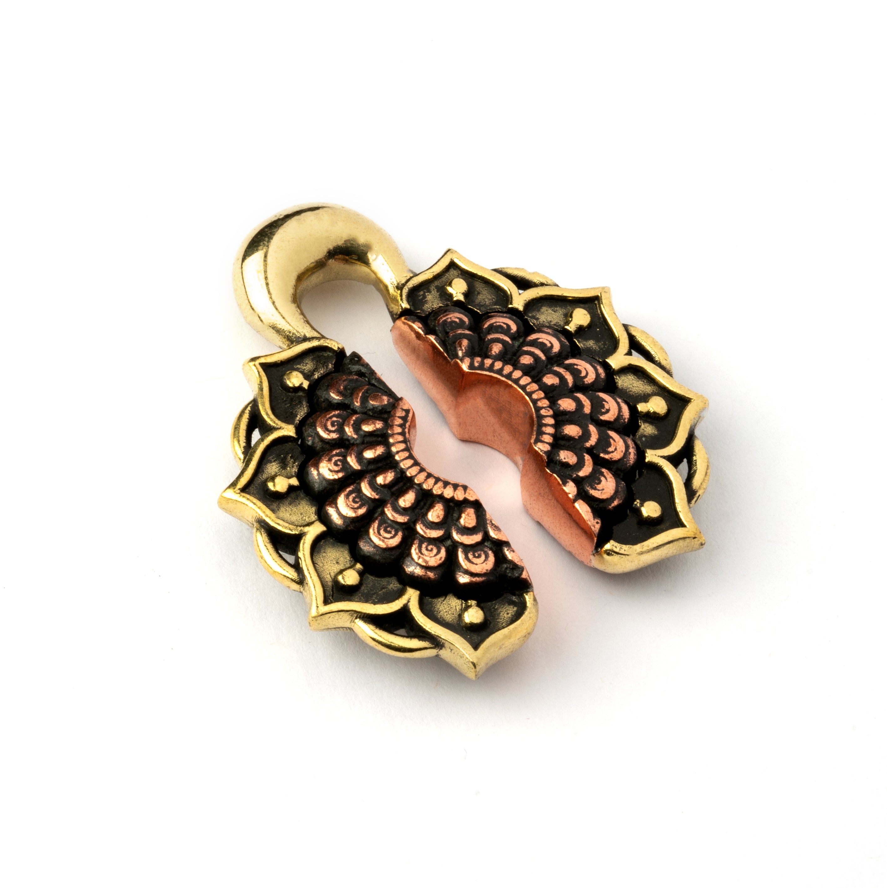 single gold brass ear weight hanger open flower shaped right side view