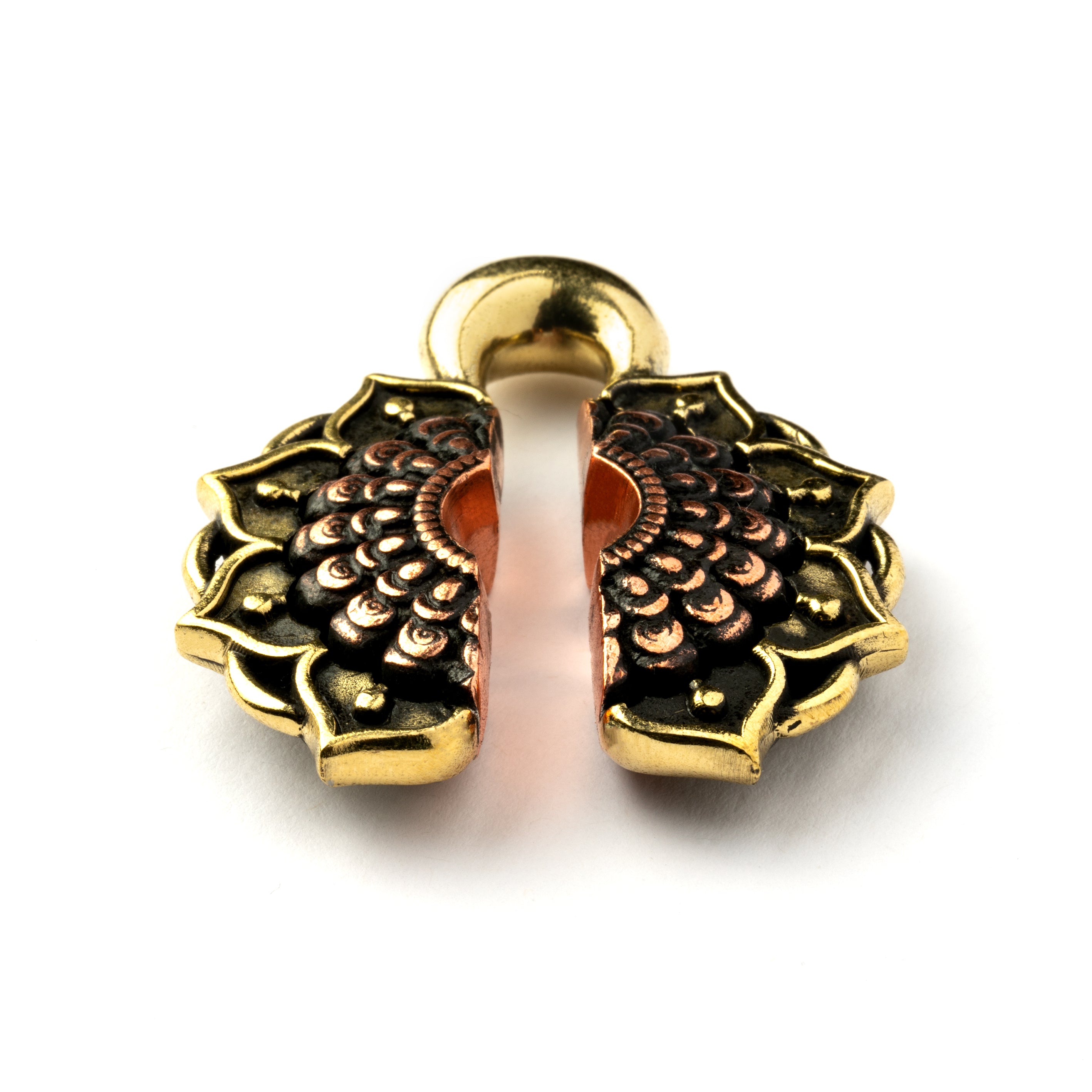 single gold brass ear weight hanger open flower shaped down close up view