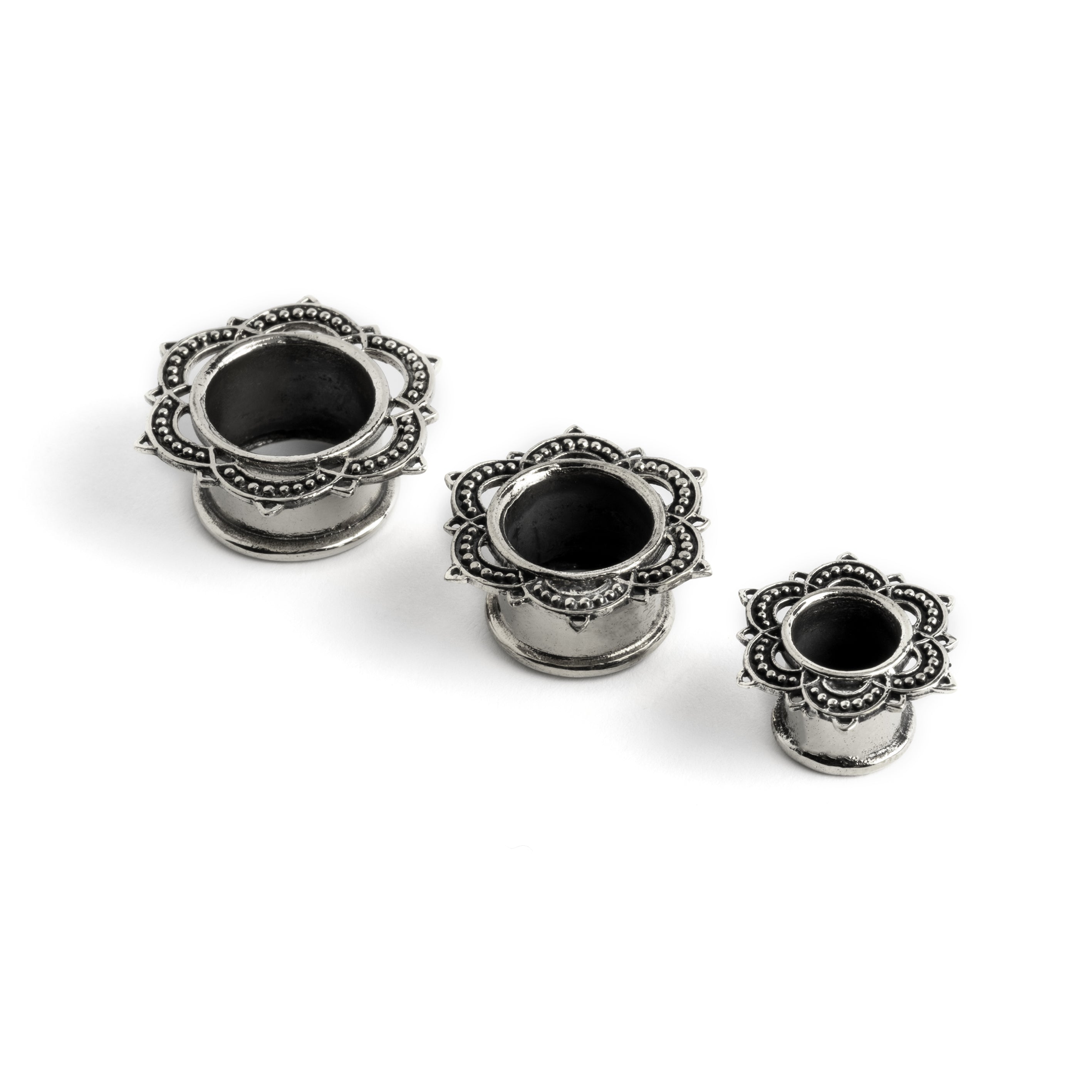 several sizes of Lalita flower mandala tunnels front and side view