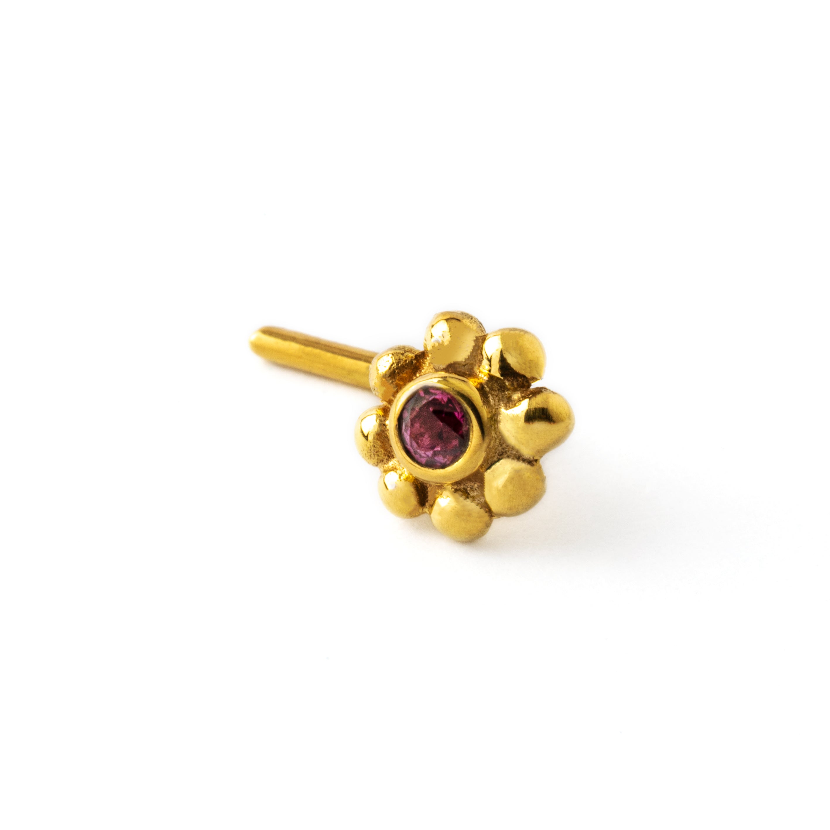 Gold Flower Nose Stud with Garnet left side view