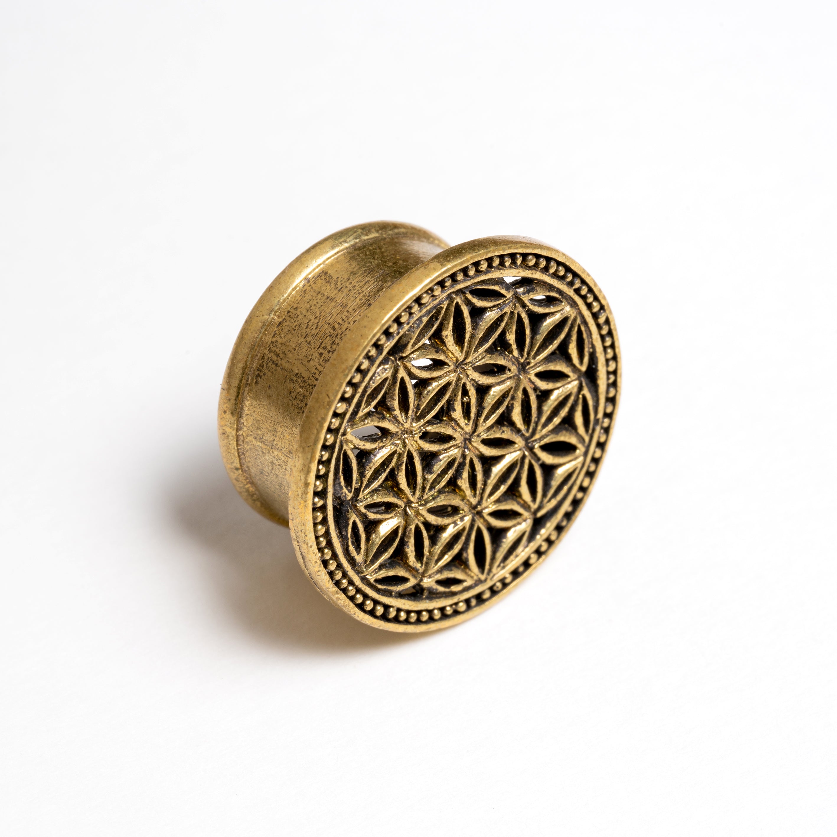 Flower of Life brass fFlesh tunnel left side view