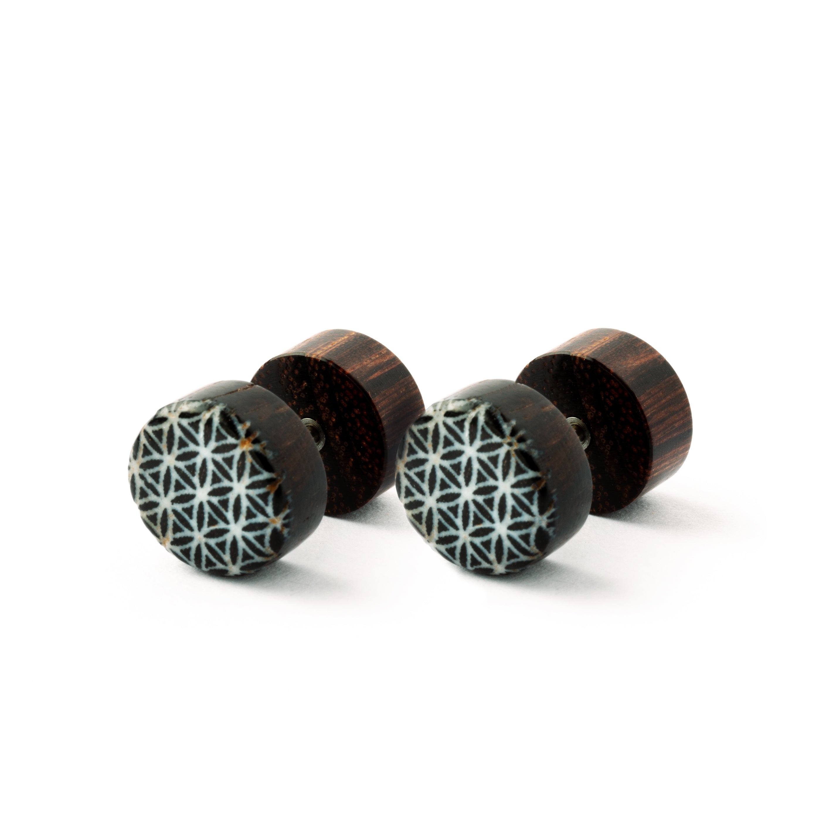 pair of wood Flower of Life fake plugs gauge earrings right side view