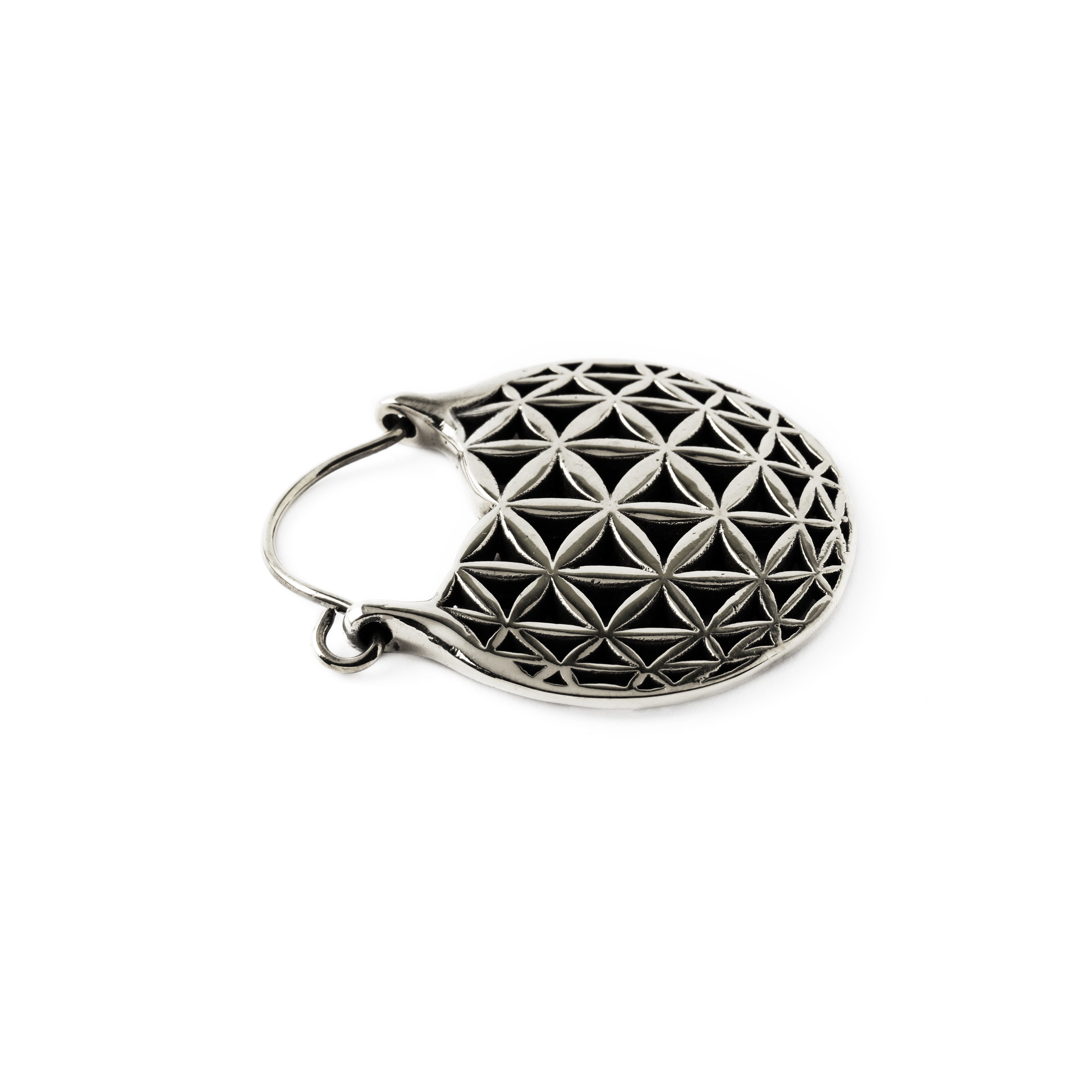 single Flower of Life hoop earring side view