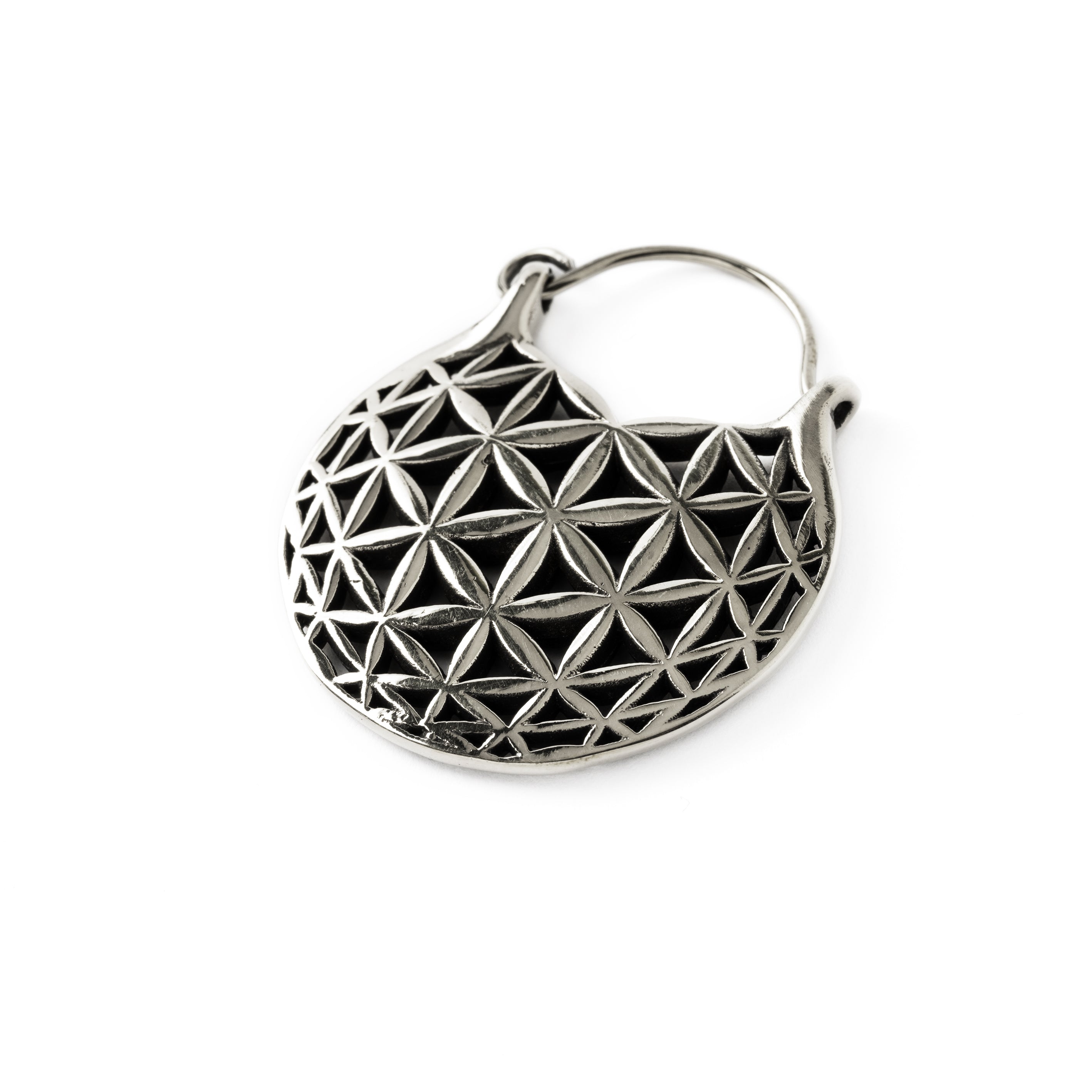 single Flower of Life hoop earring left side view