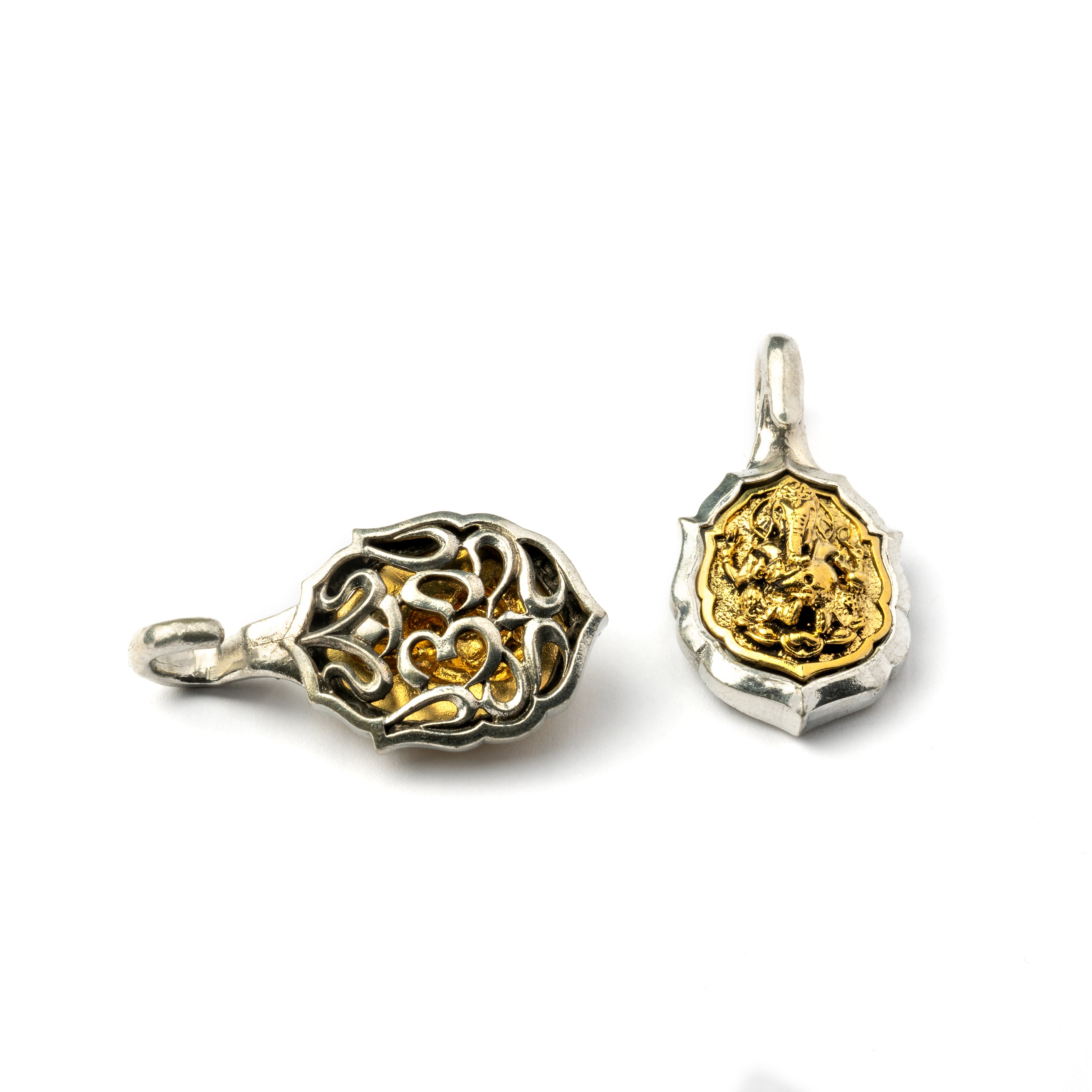 pair of silver and gold Ganesh & Om ear weight hangers back and front view