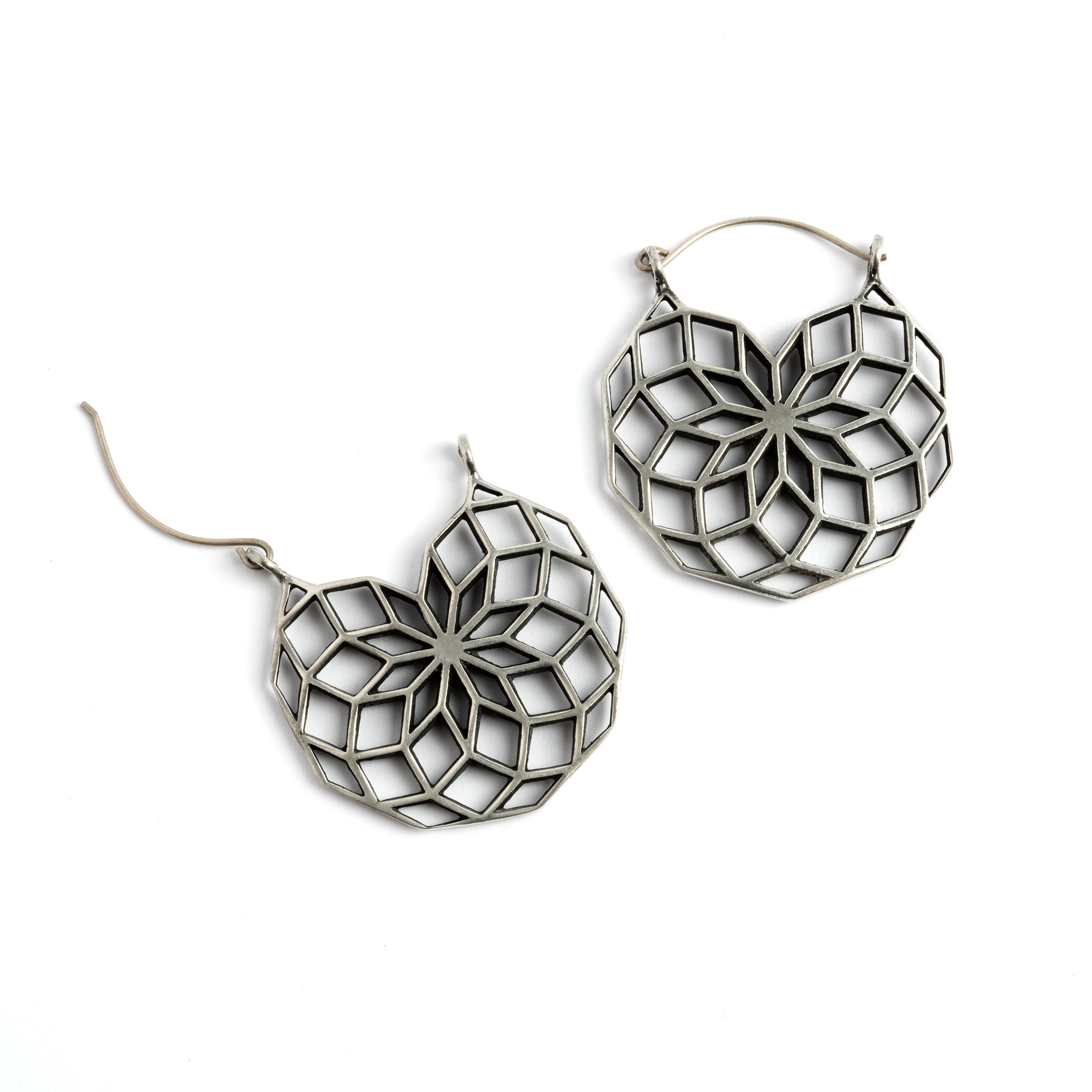 Geometric hoop earrings front view with open clasp