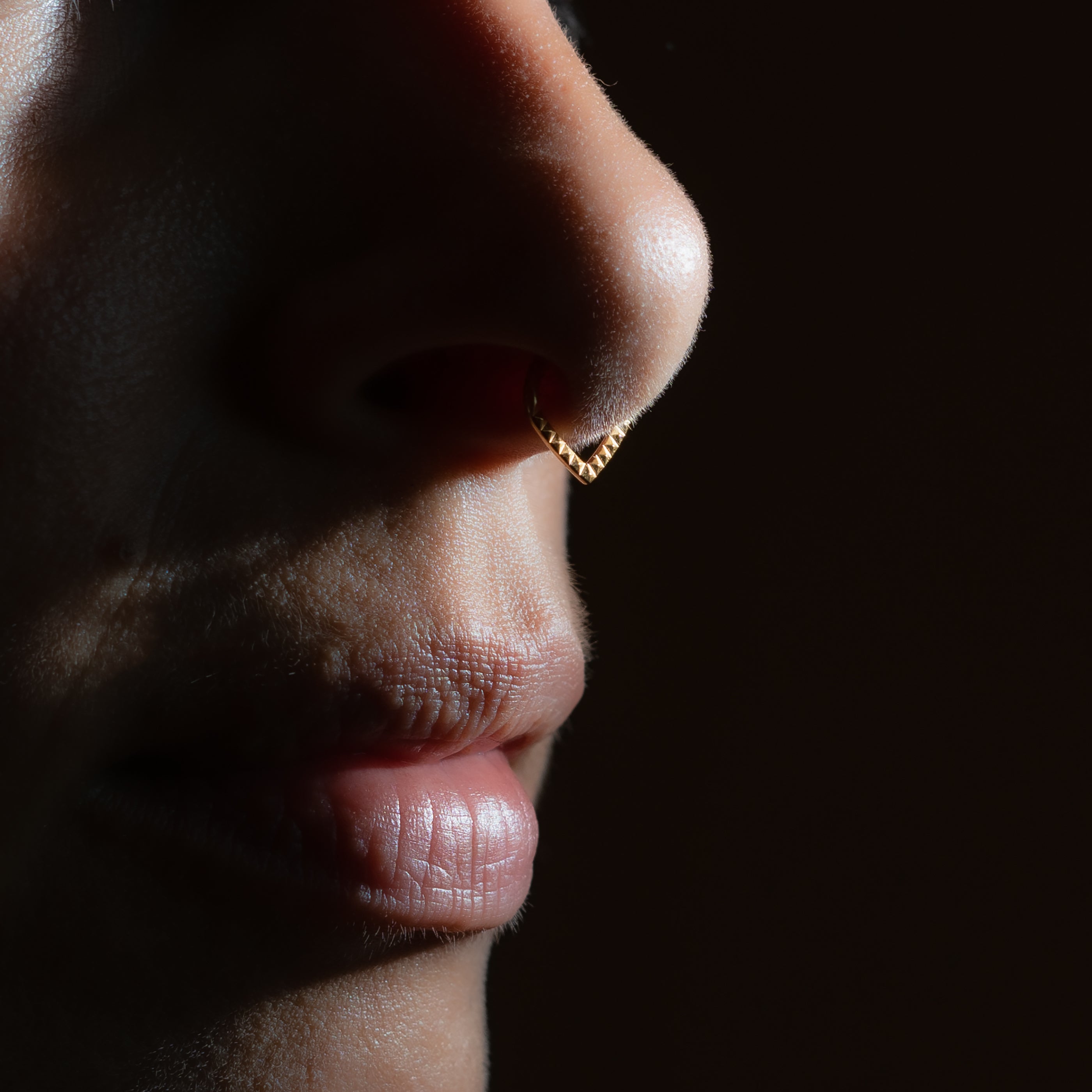 model wearing Giza Teardrop Gold Septum Clicker