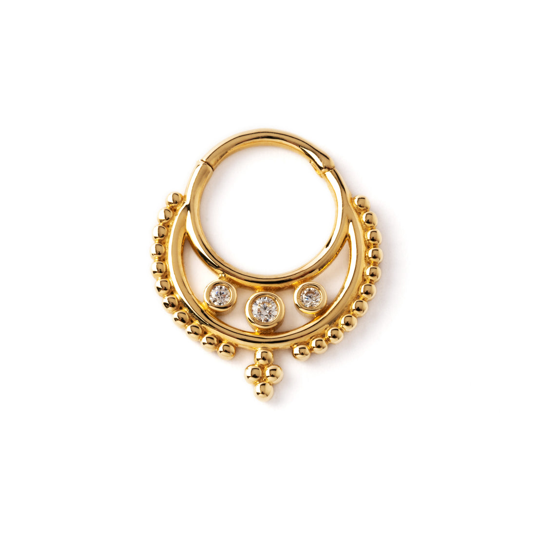 Gold Rani septum clicker with trio CZ frontal view
