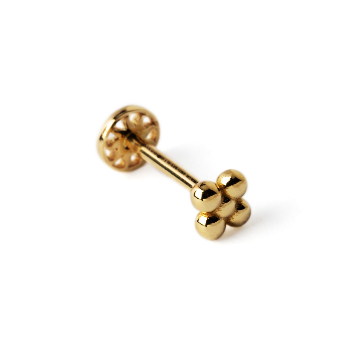 14k Gold internally threaded screw back earring 1.2mm (16g), 8mm, dots flower labret stud left side view