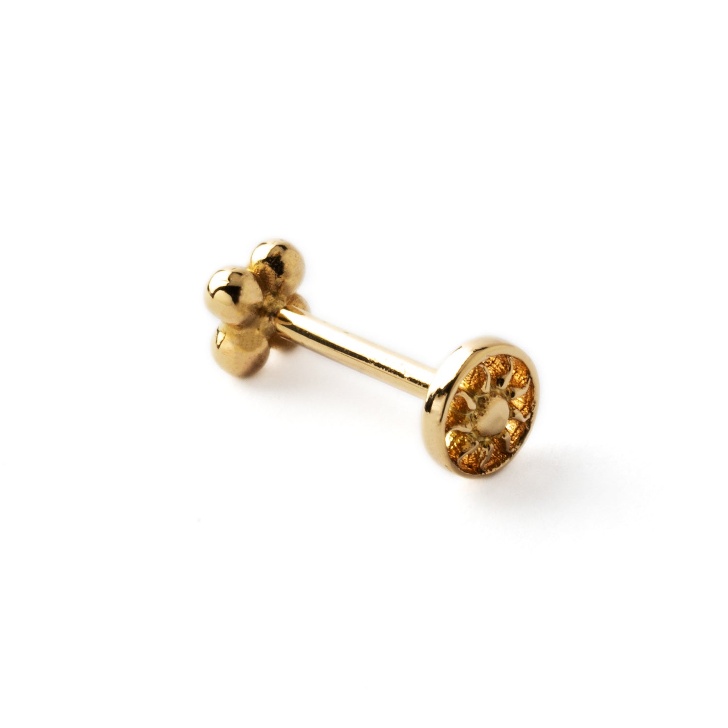 14k Gold internally threaded screw back earring 1.2mm (16g), 8mm, dots flower labret stud back side view