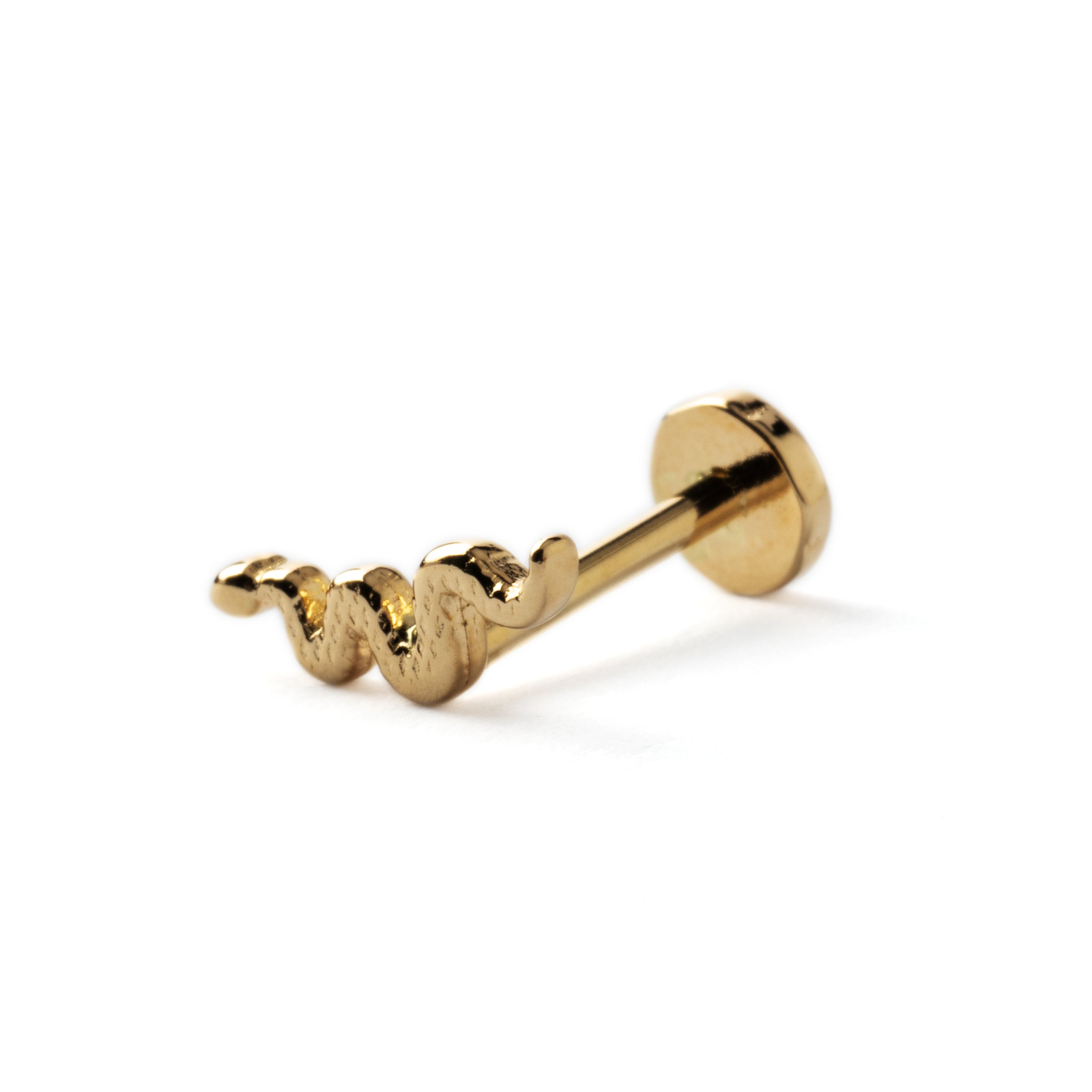 14k Gold internally threaded serpent 16g flat back labret stud right side view