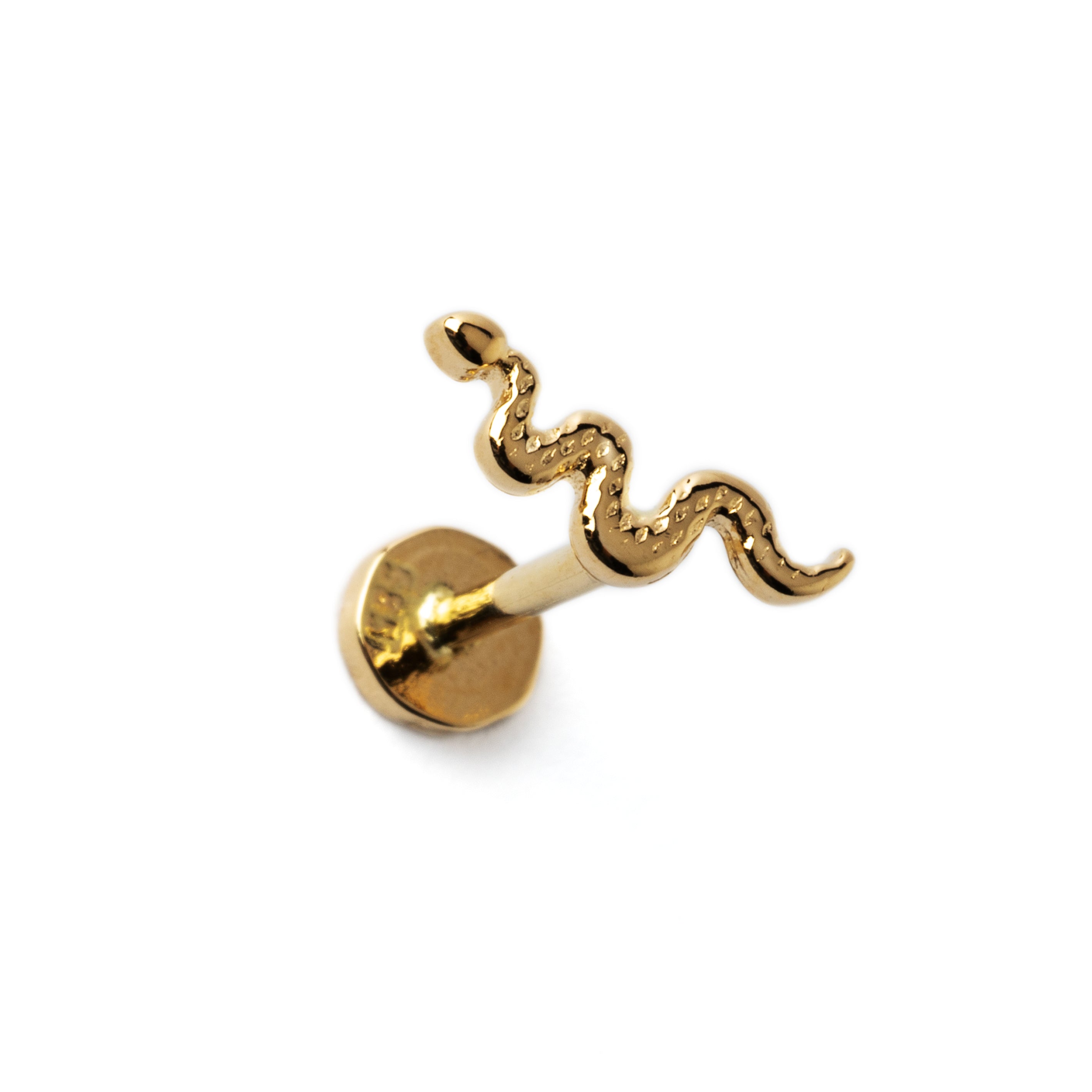 14k Gold internally threaded serpent 16g flat back labret stud left side view