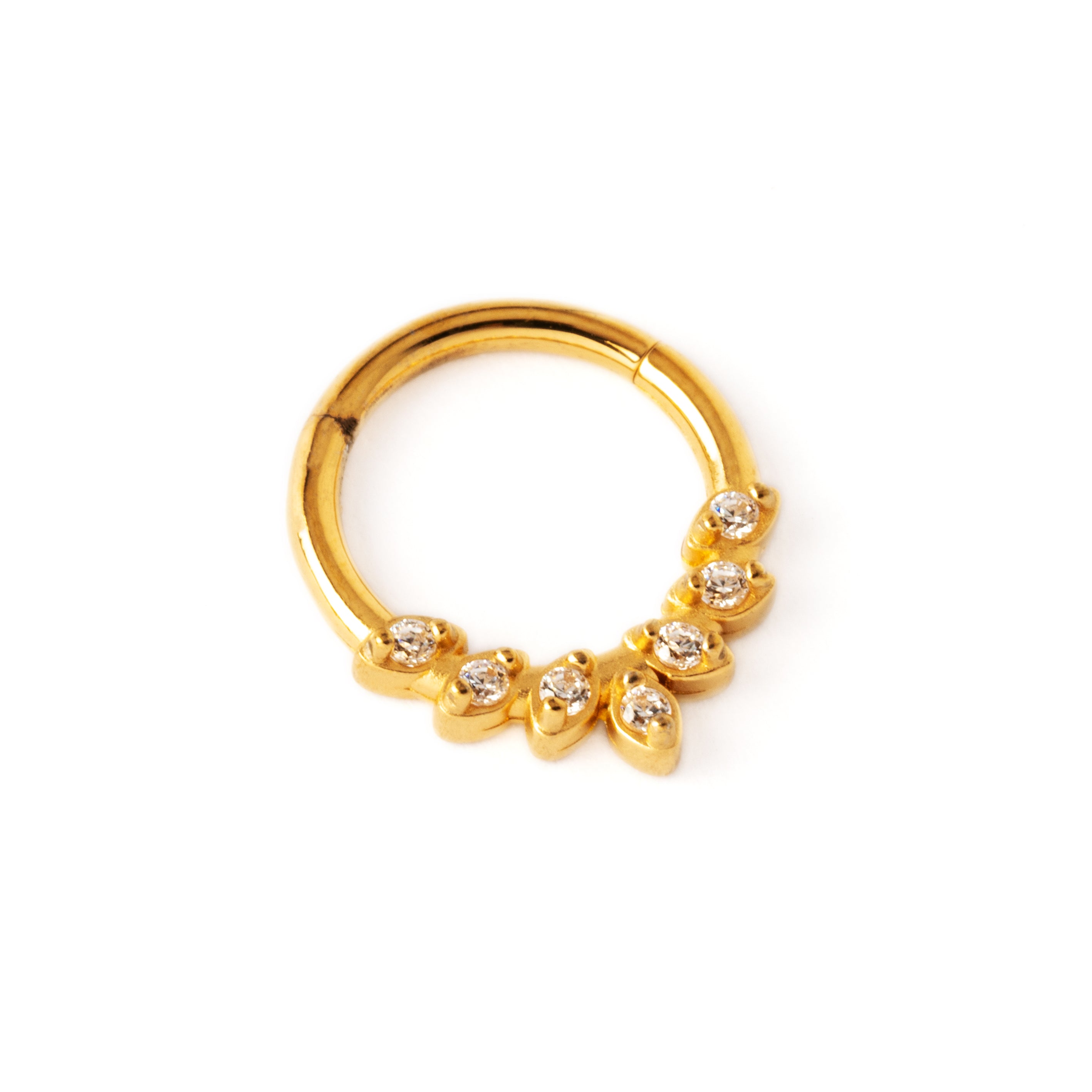 gold surgical steel teardrop petals septum clicker with crystals right side view