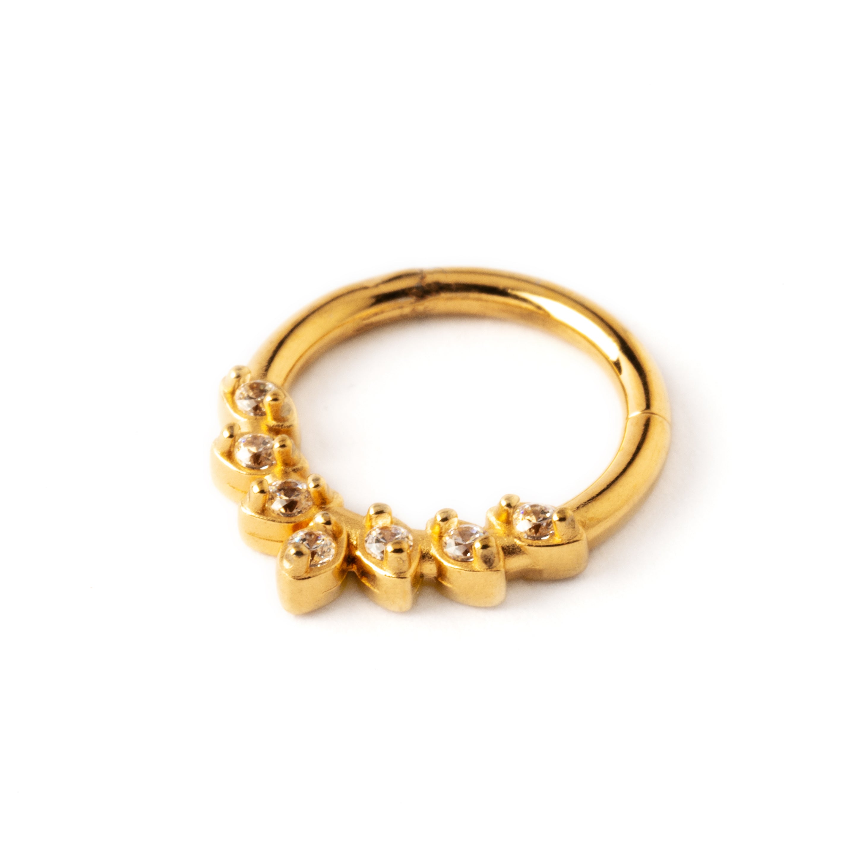 gold surgical steel teardrop petals septum clicker with crystals left side view
