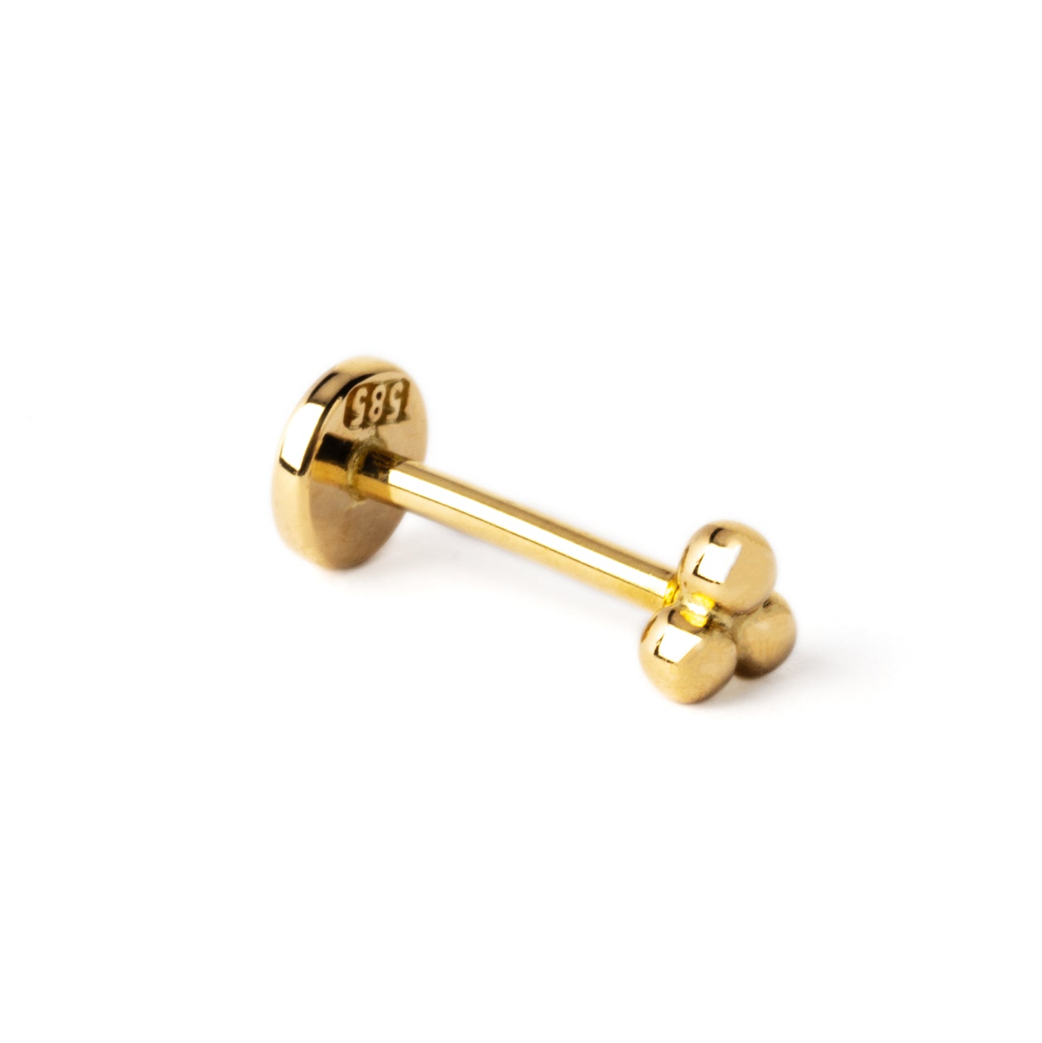 14k Gold internally threaded Trinity Pyramid flat back labret left side view