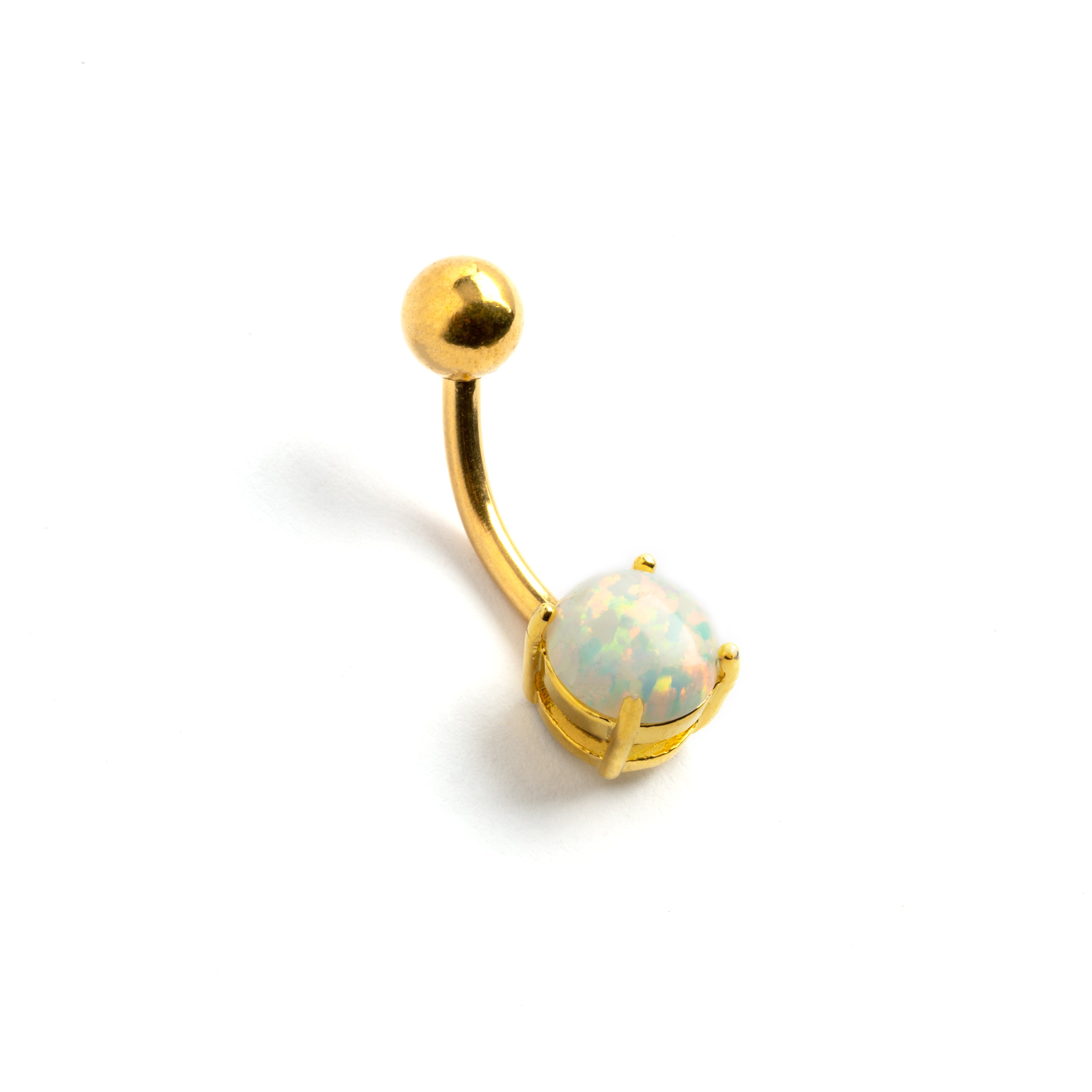 Gold Belly Piercing with set Opal left side view
