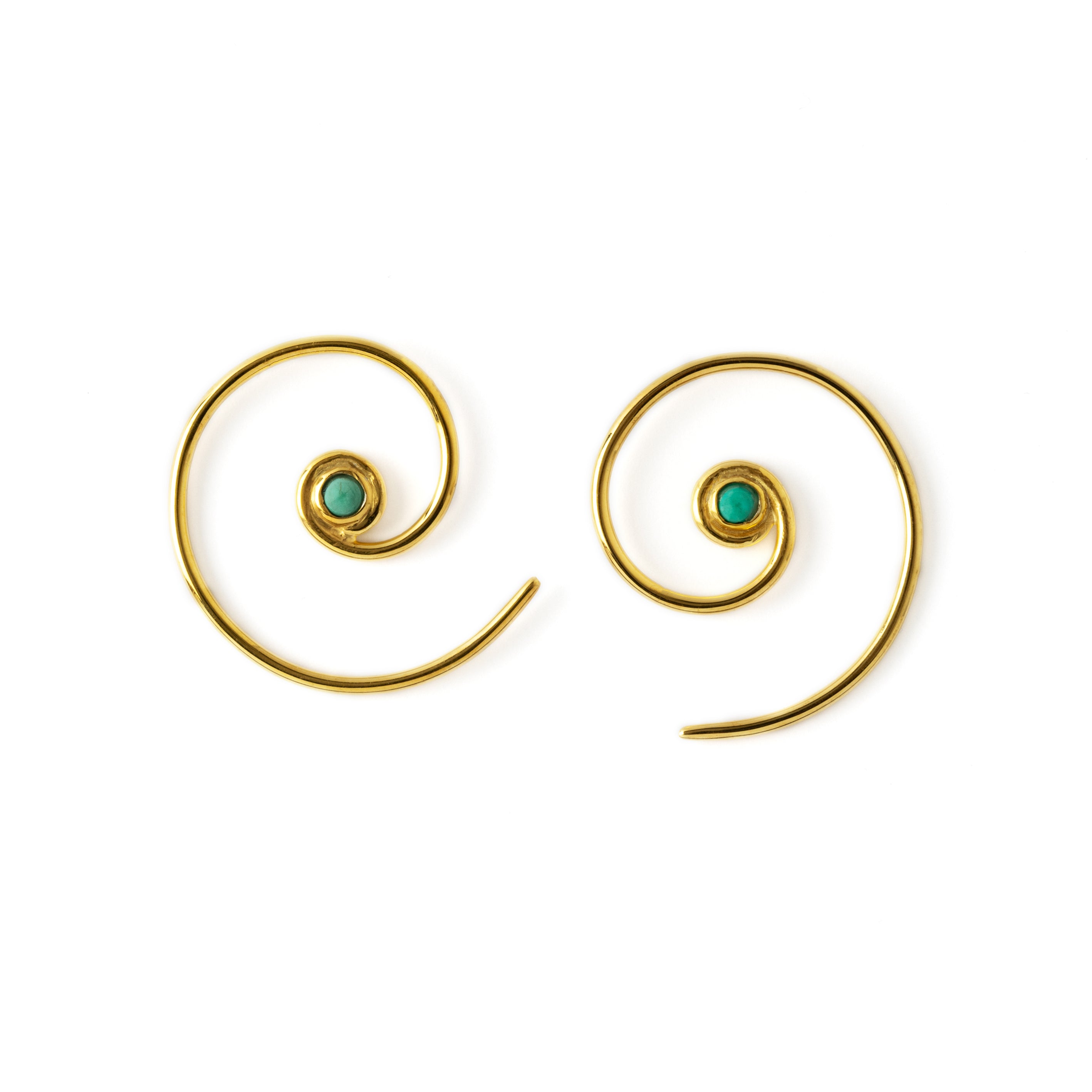 pair of Gold & Turquoise Koru spiral earrings side view