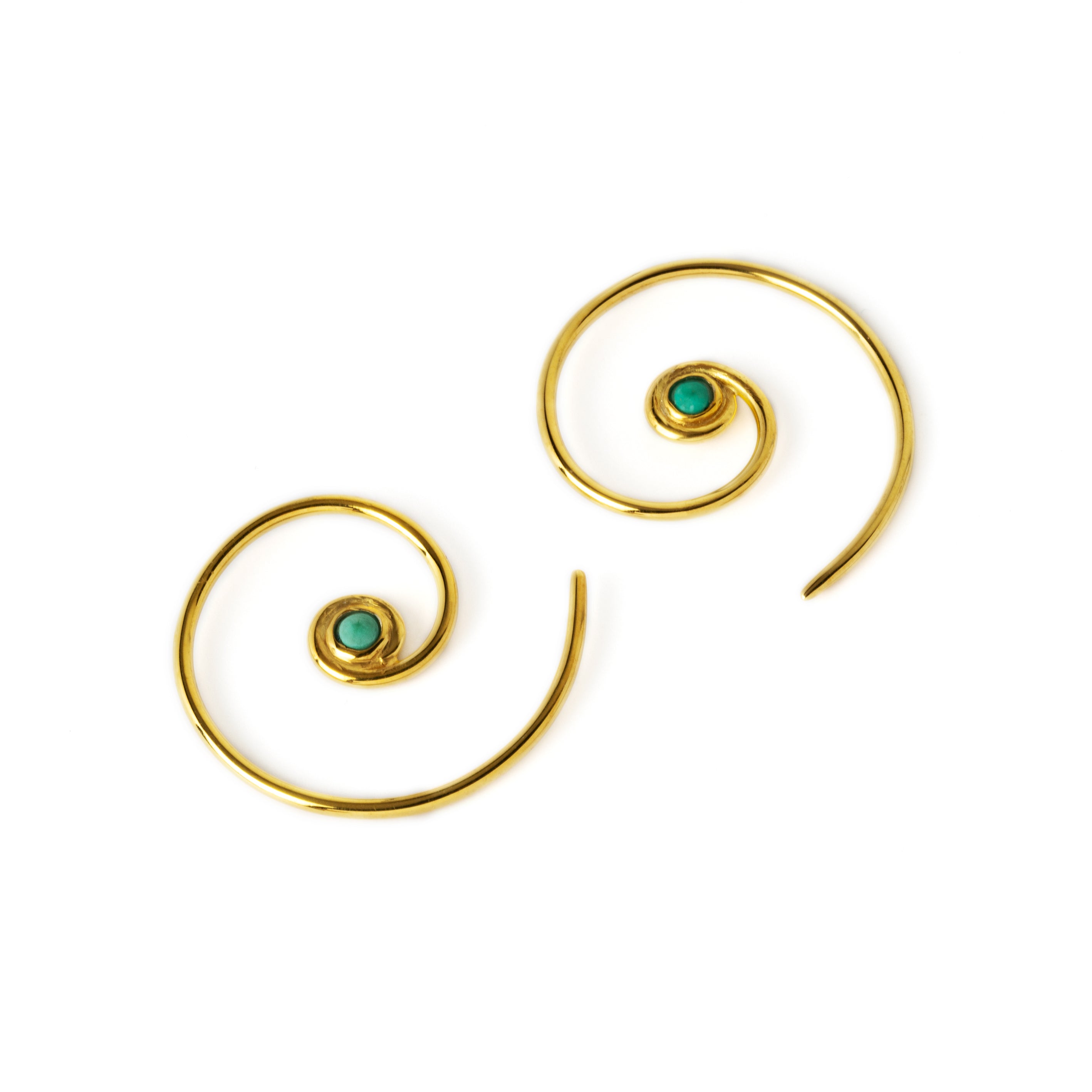 pair of Gold & Turquoise Koru spiral earrings front and back view