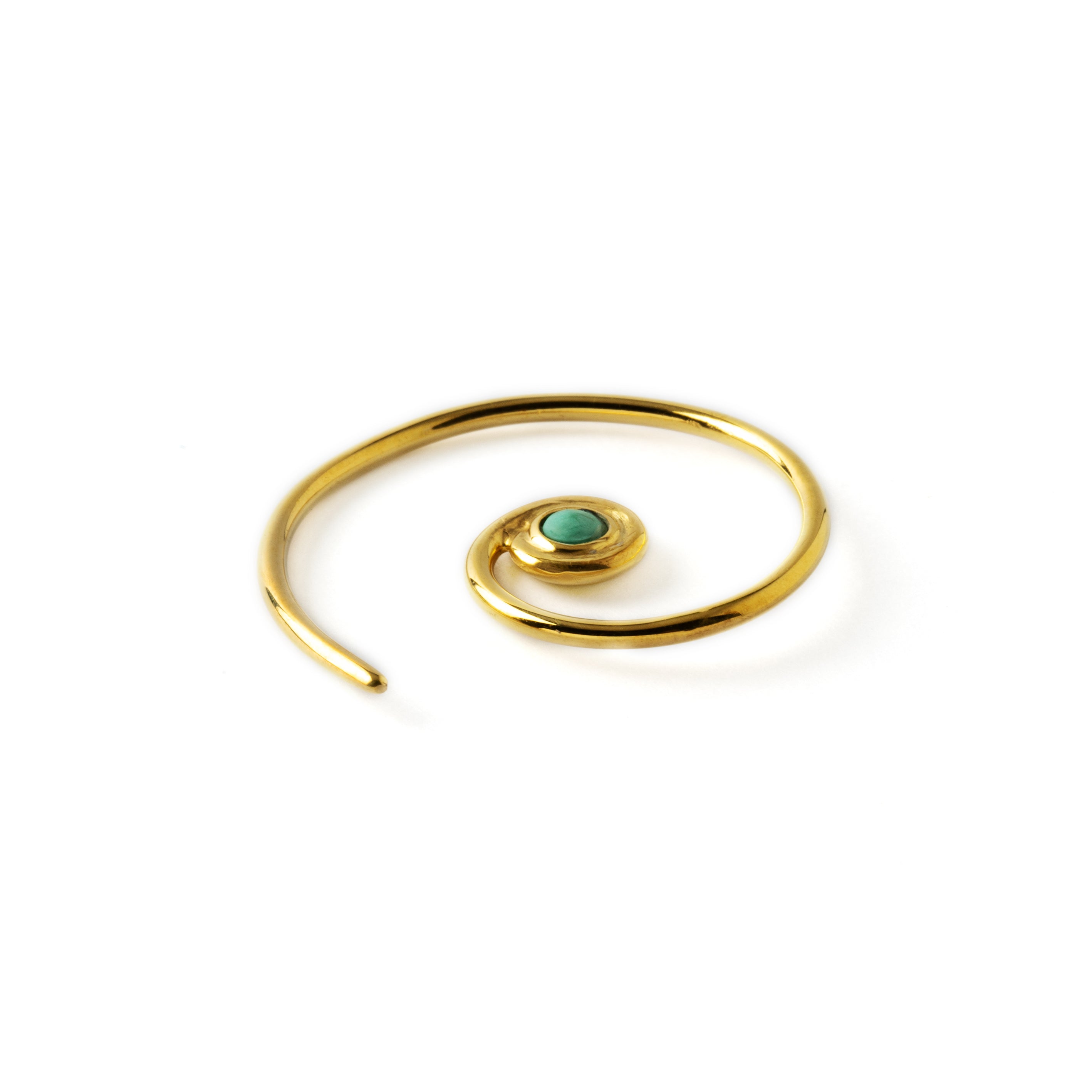 single Gold & Turquoise Koru spiral earring front side view