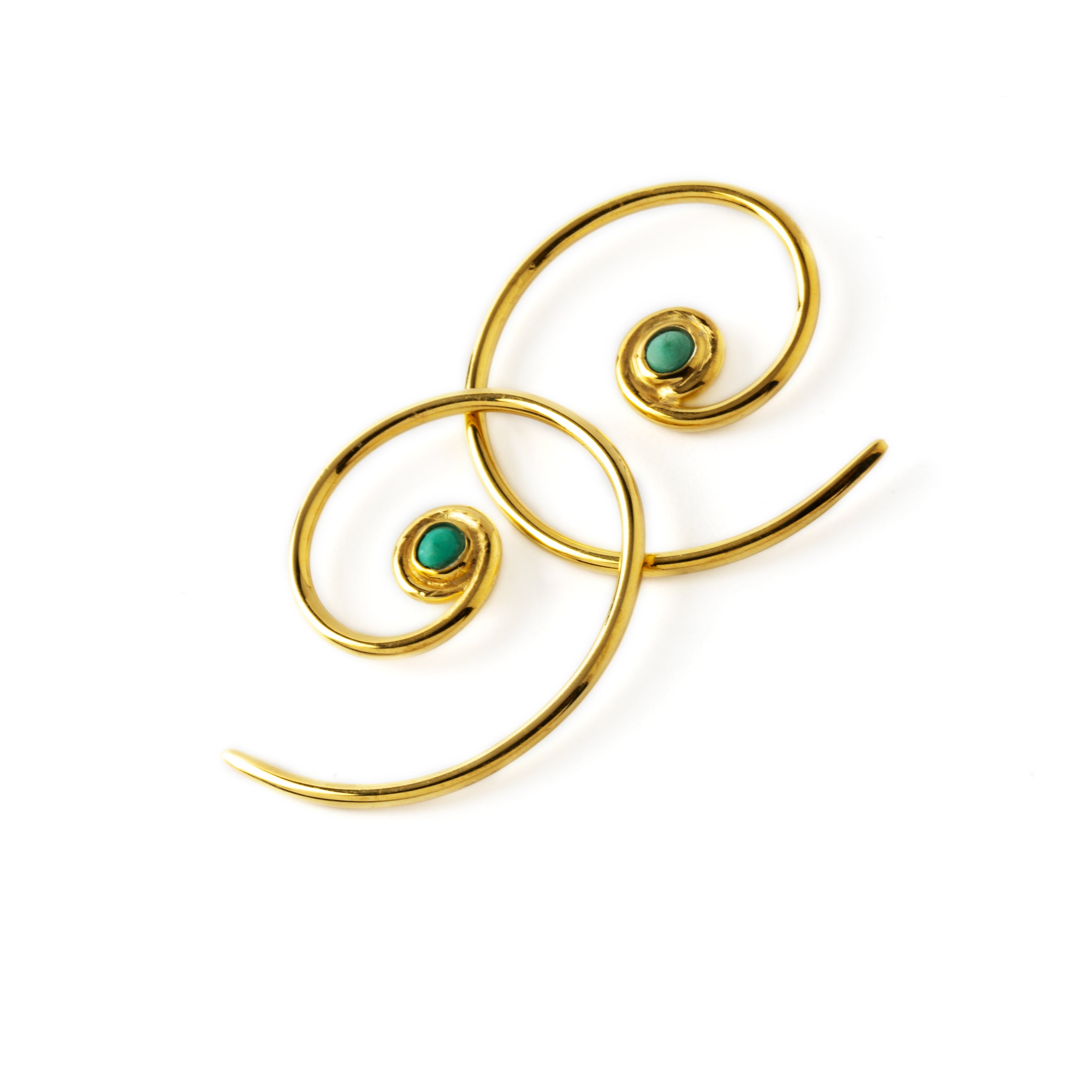 pair of Gold & Turquoise Koru spiral earrings side view