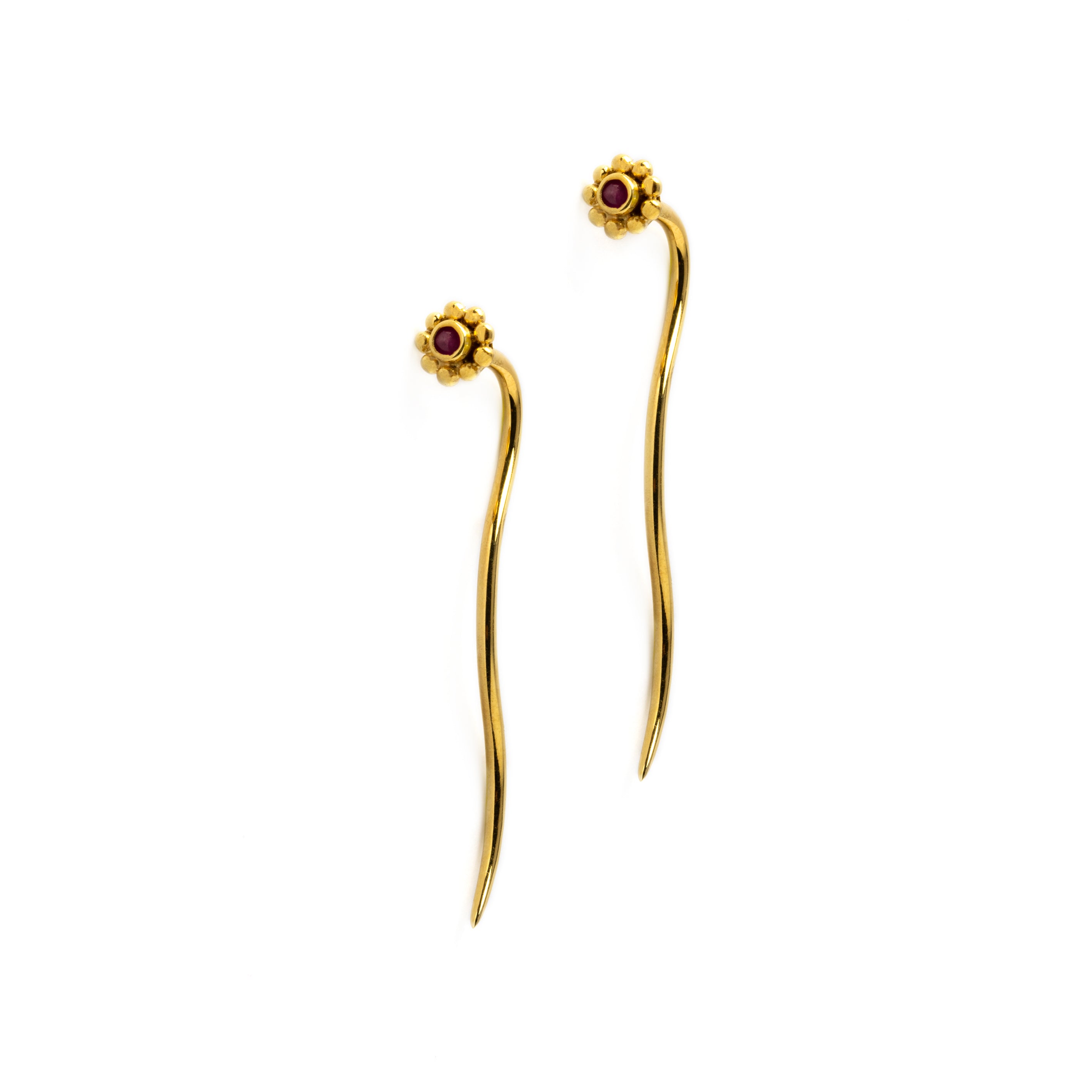 pair of 18k Gold flower &amp; Garnet stem earrings frontal view