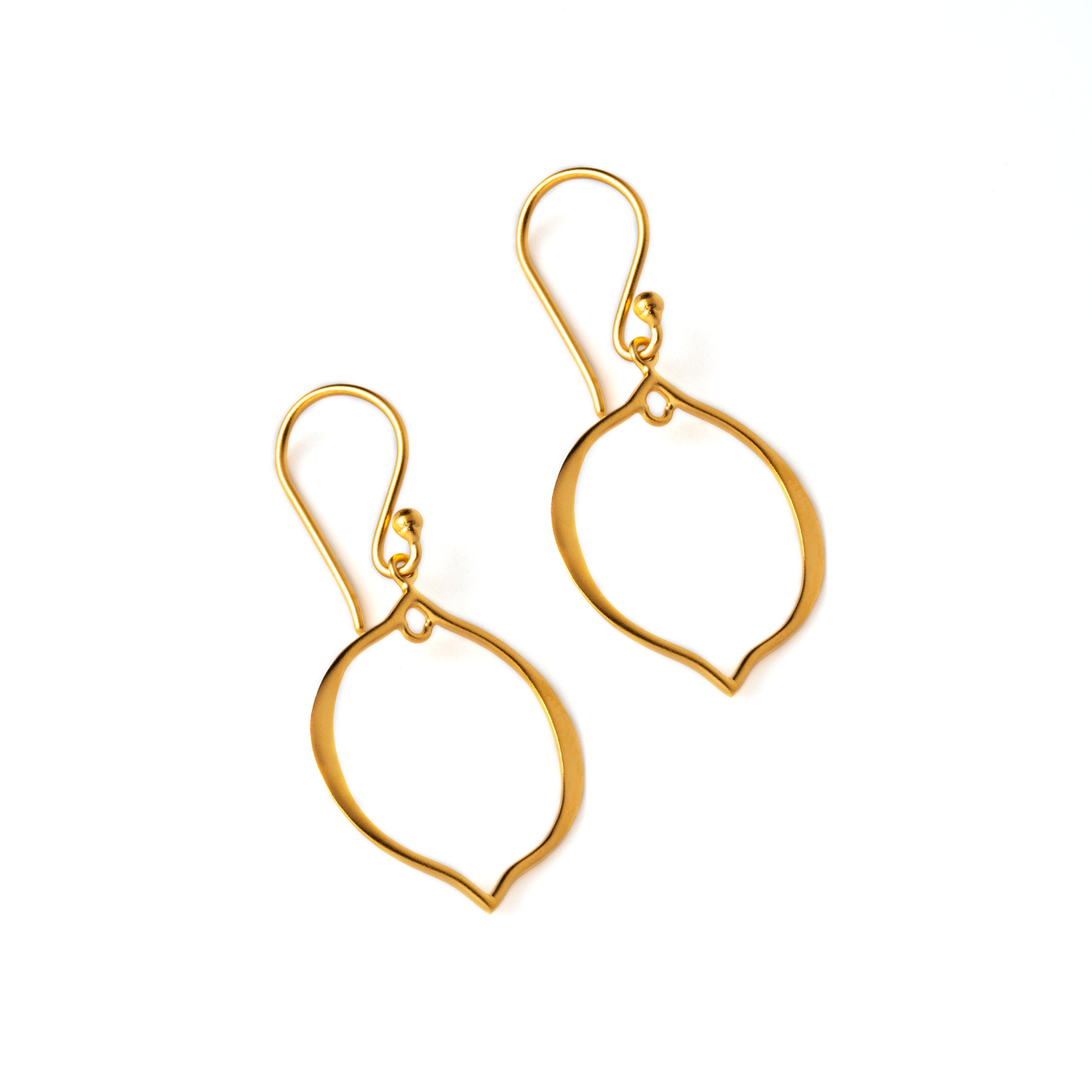 gold dangle earrings with hollow arabesque drop ornament right side view