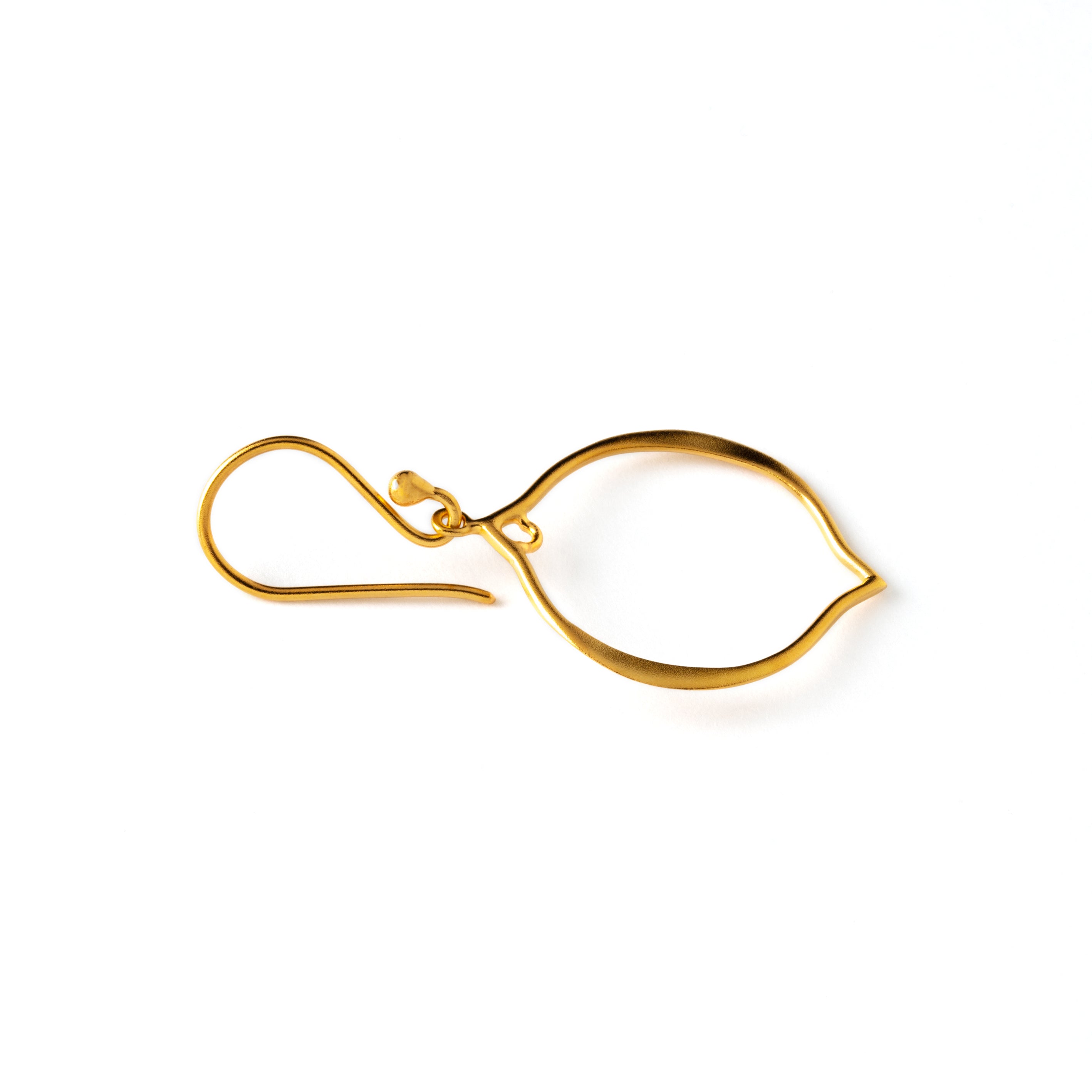 gold dangle earrings with hollow arabesque drop ornament side close up view