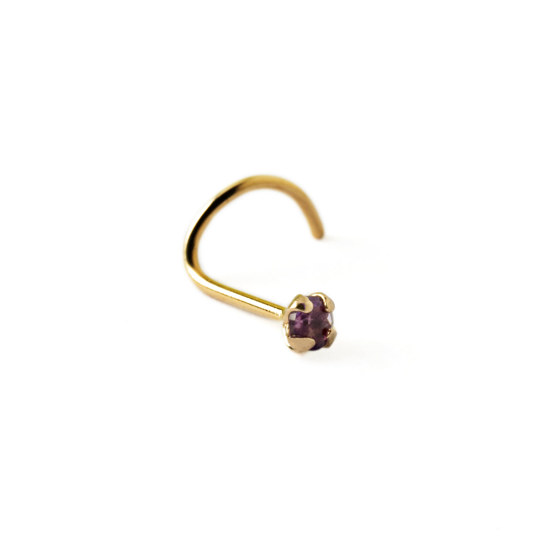 14k Gold nose post with Amethyst left side view